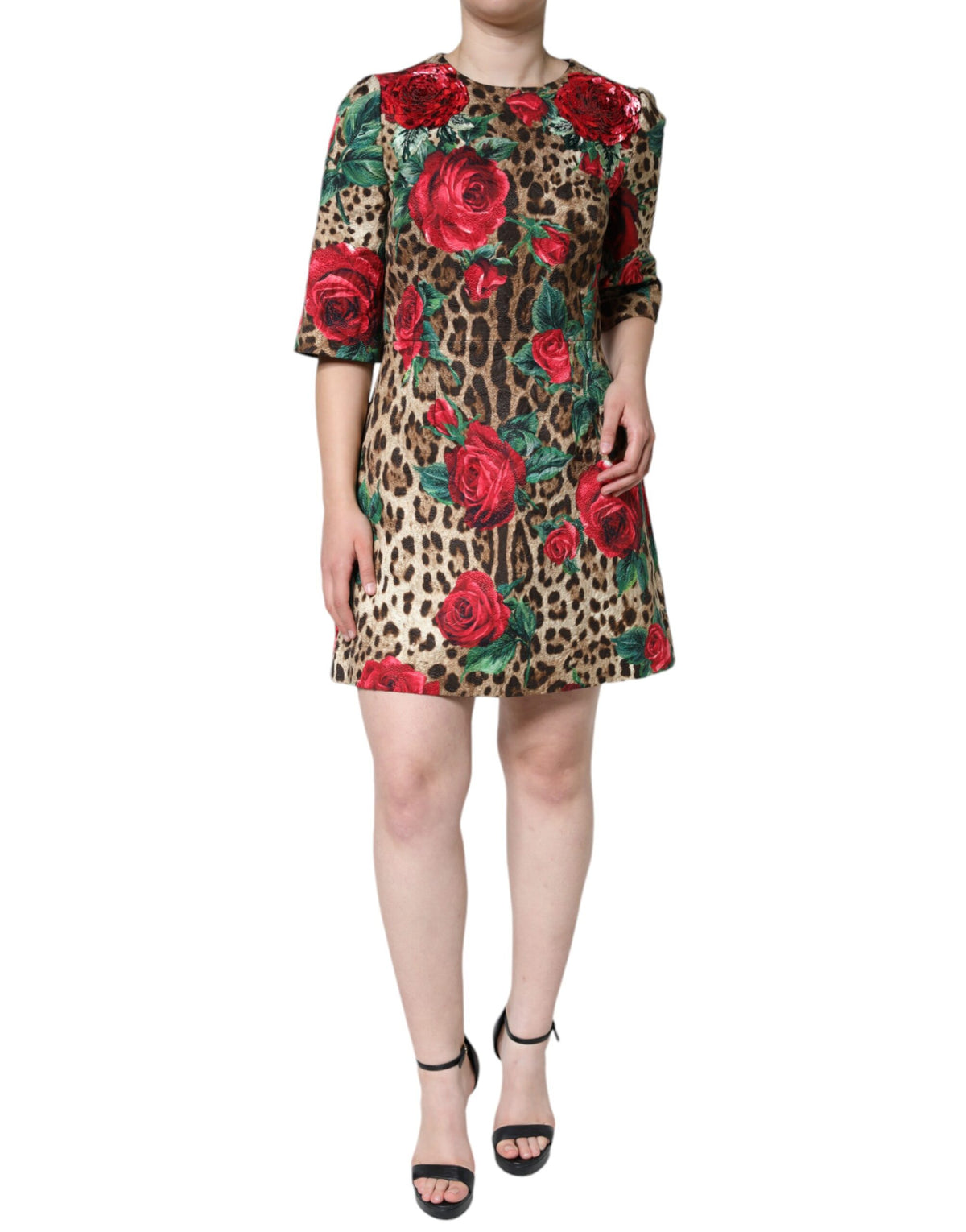 Indulge in the exquisite Dolce & Gabbana Brown Leopard Red Roses A-line Dress, a masterpiece of Italian craftsmanship, blending luxurious materials for a captivating silhouette.