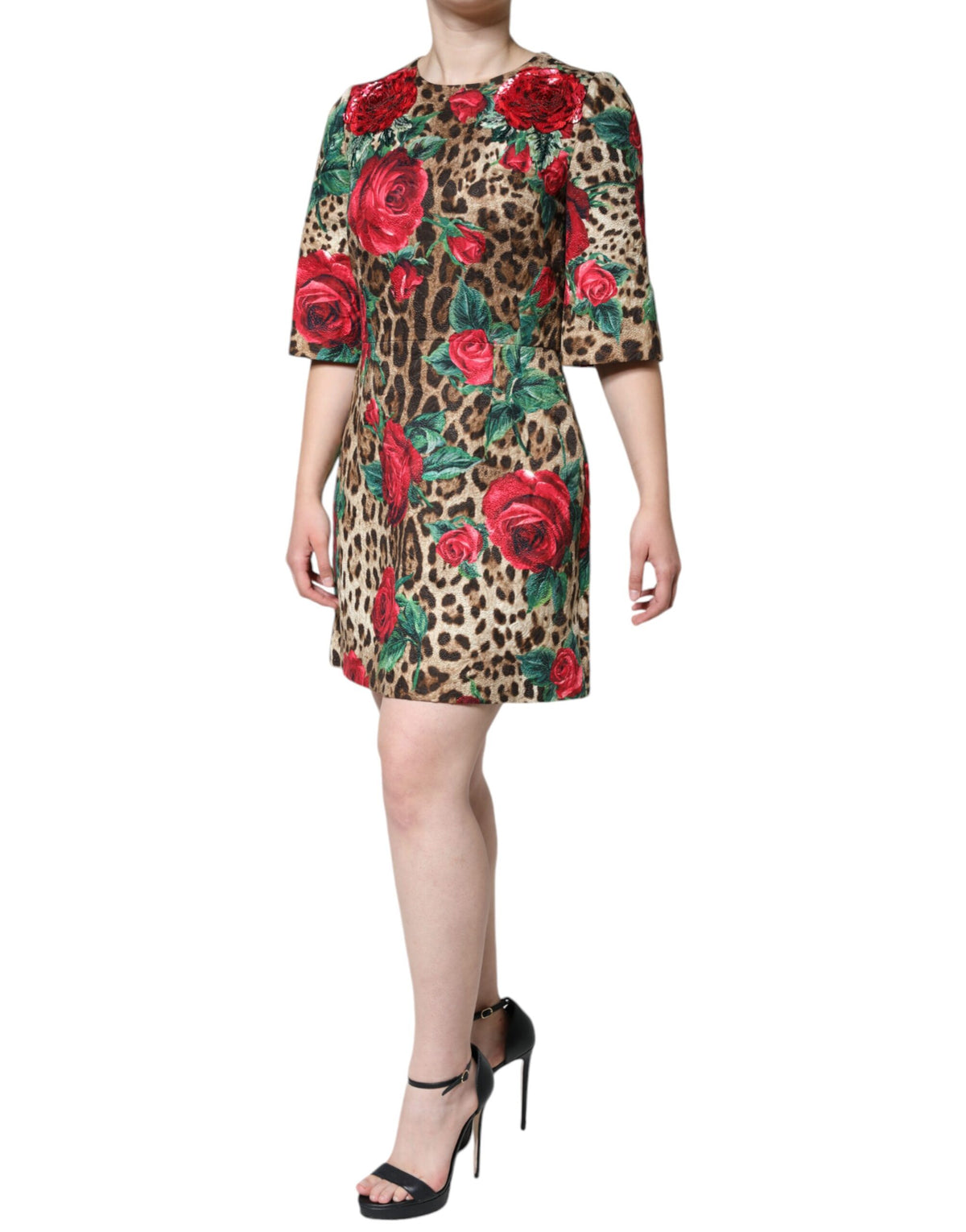 Indulge in the exquisite Dolce & Gabbana Brown Leopard Red Roses A-line Dress, a masterpiece of Italian craftsmanship that redefines luxury and elegance for any occasion.