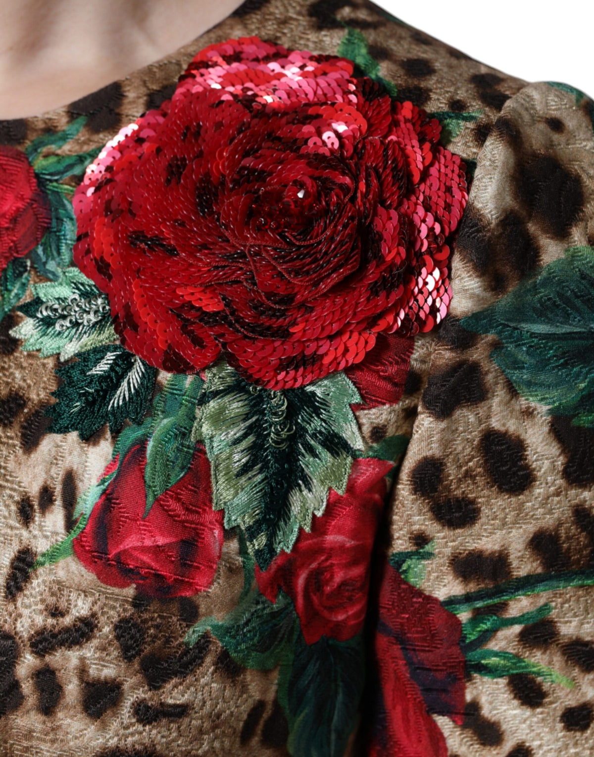 Indulge in the exquisite Dolce & Gabbana Brown Leopard Red Roses A-line Dress, a masterpiece of Italian craftsmanship that elevates your elegance and allure.