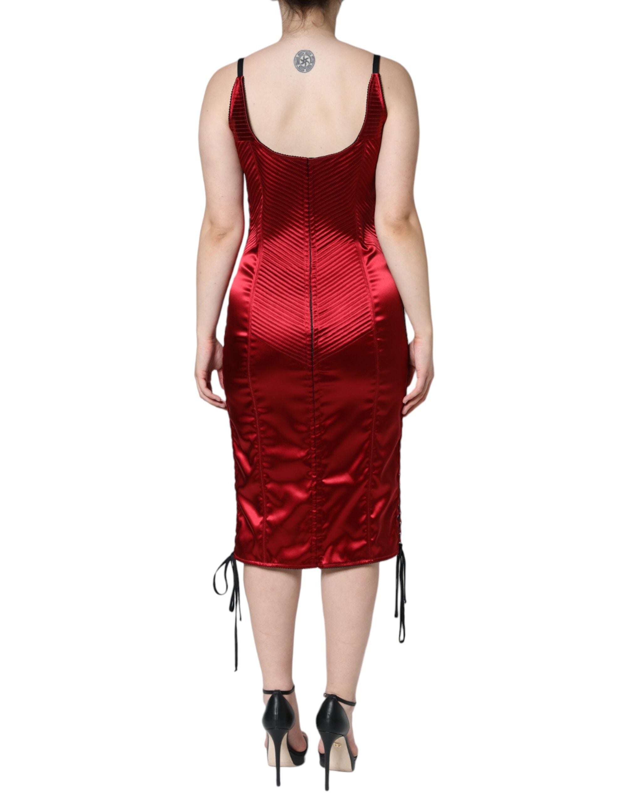Indulge in the exquisite Dolce & Gabbana Red Bustier Corset Lace Bodycon Midi Dress, where luxurious craftsmanship meets timeless elegance, perfect for unforgettable moments.