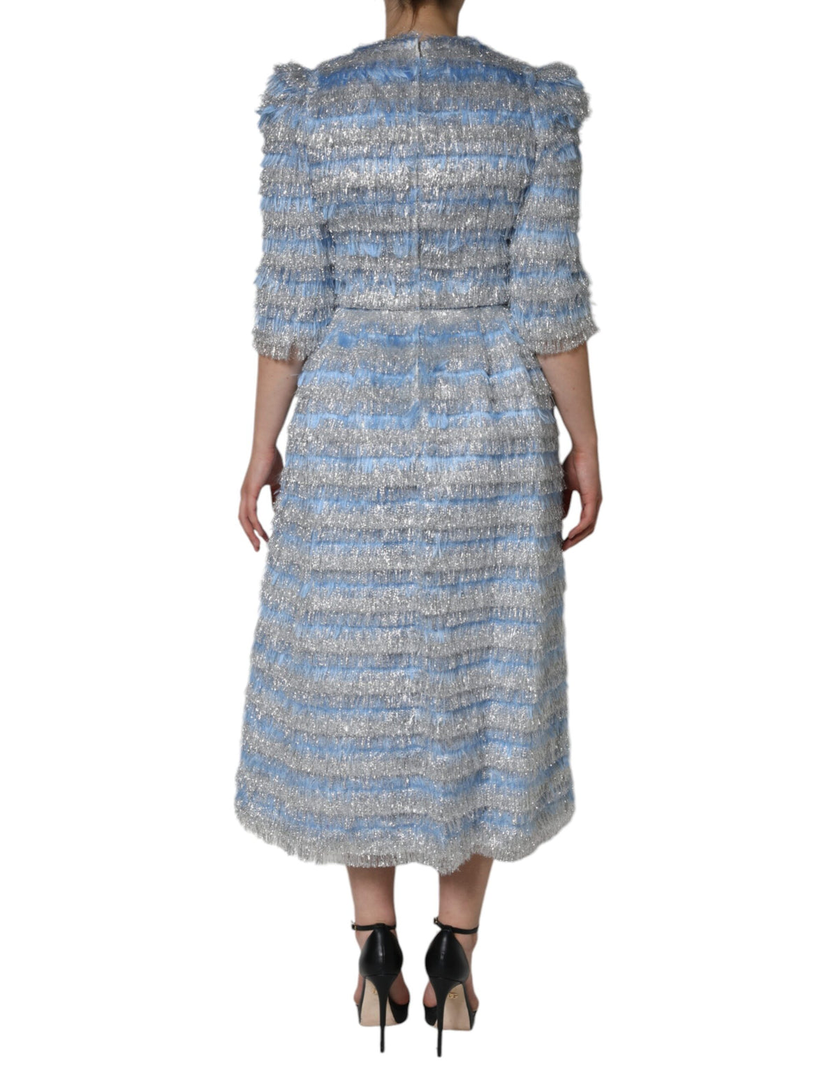 Indulge in the exquisite Dolce & Gabbana Light Blue Silver Jacquard A-line Midi Dress, a masterpiece of Italian craftsmanship that embodies timeless elegance and allure.