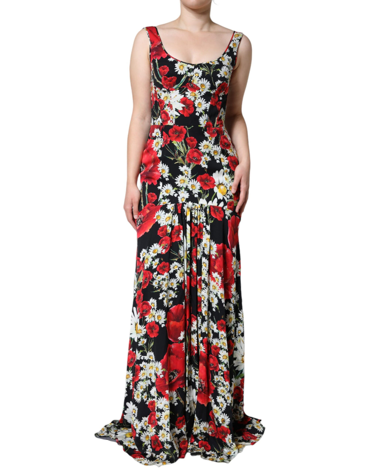Discover the allure of the Dolce & Gabbana Black Floral Silk Sleeveless Long Gown, a masterpiece of Italian craftsmanship that embodies timeless elegance and sophistication.