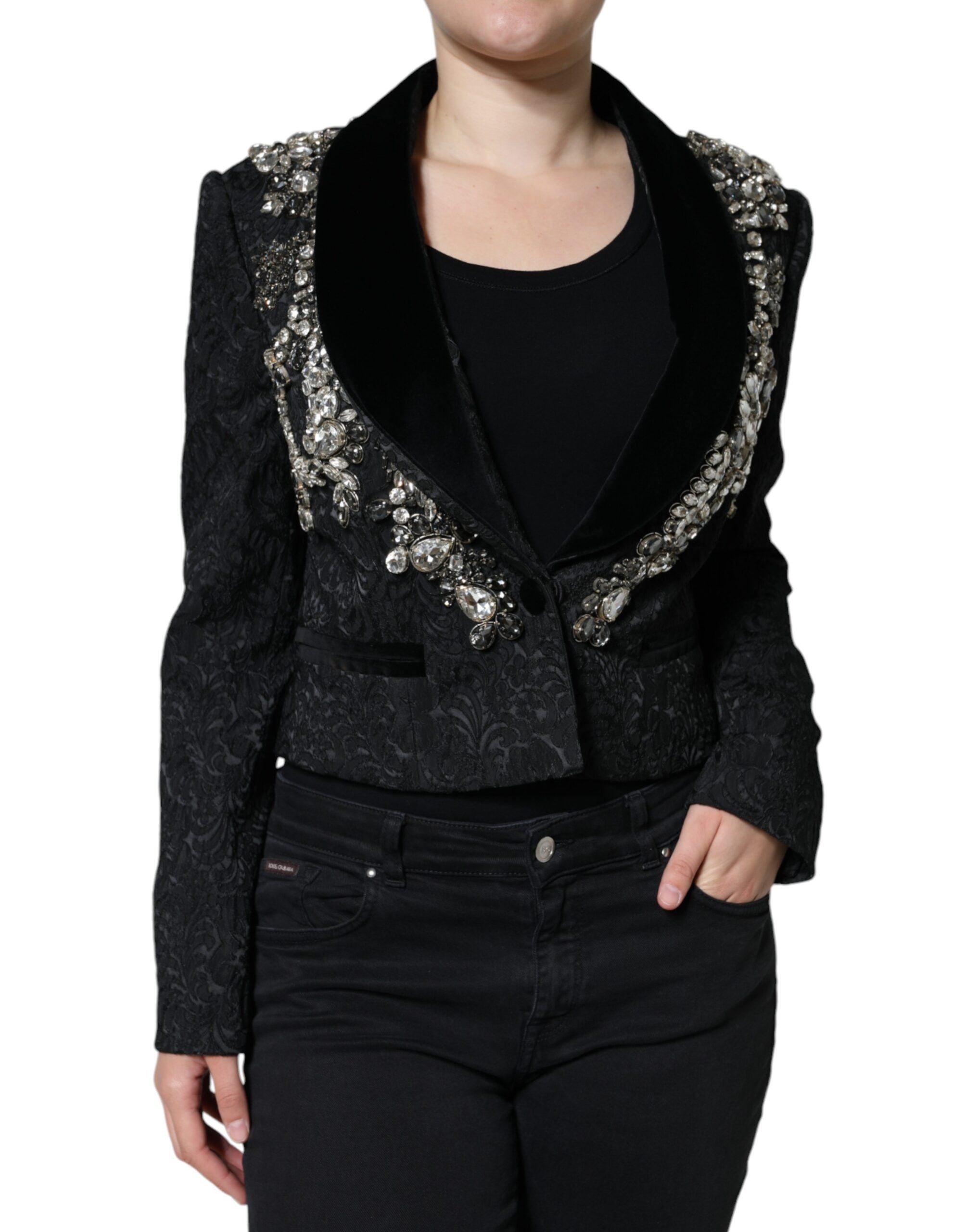 Experience the allure of Dolce & Gabbana's Black Jacquard Crystal Floral Jacket Blazer, a couture masterpiece that embodies exquisite craftsmanship and timeless elegance.