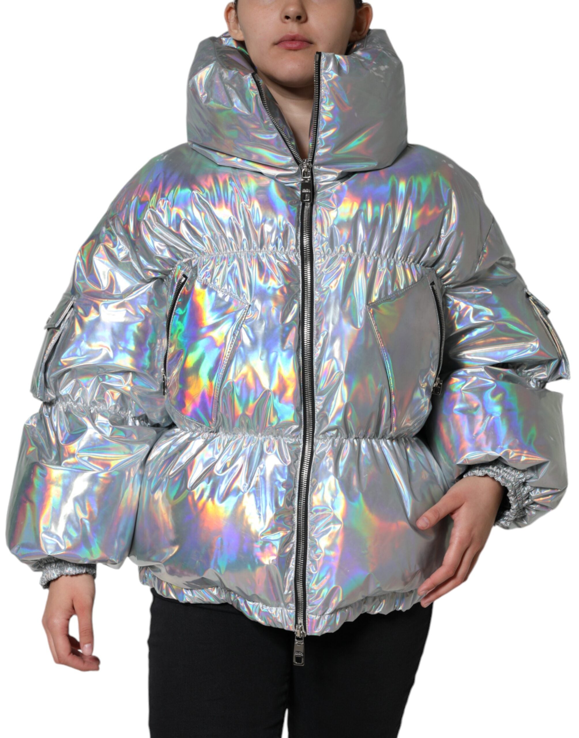Elevate your style with the Dolce & Gabbana Silver Iridescent Puffer Full Zip Coat, a masterpiece of Italian craftsmanship in luxurious nylon, perfect for any occasion.