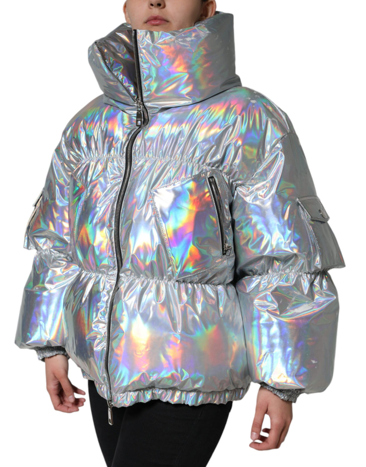 Elevate your wardrobe with the Dolce & Gabbana Silver Iridescent Puffer Full Zip Coat, a masterpiece of Italian craftsmanship in luxurious nylon, embodying timeless elegance and modern sophistication.