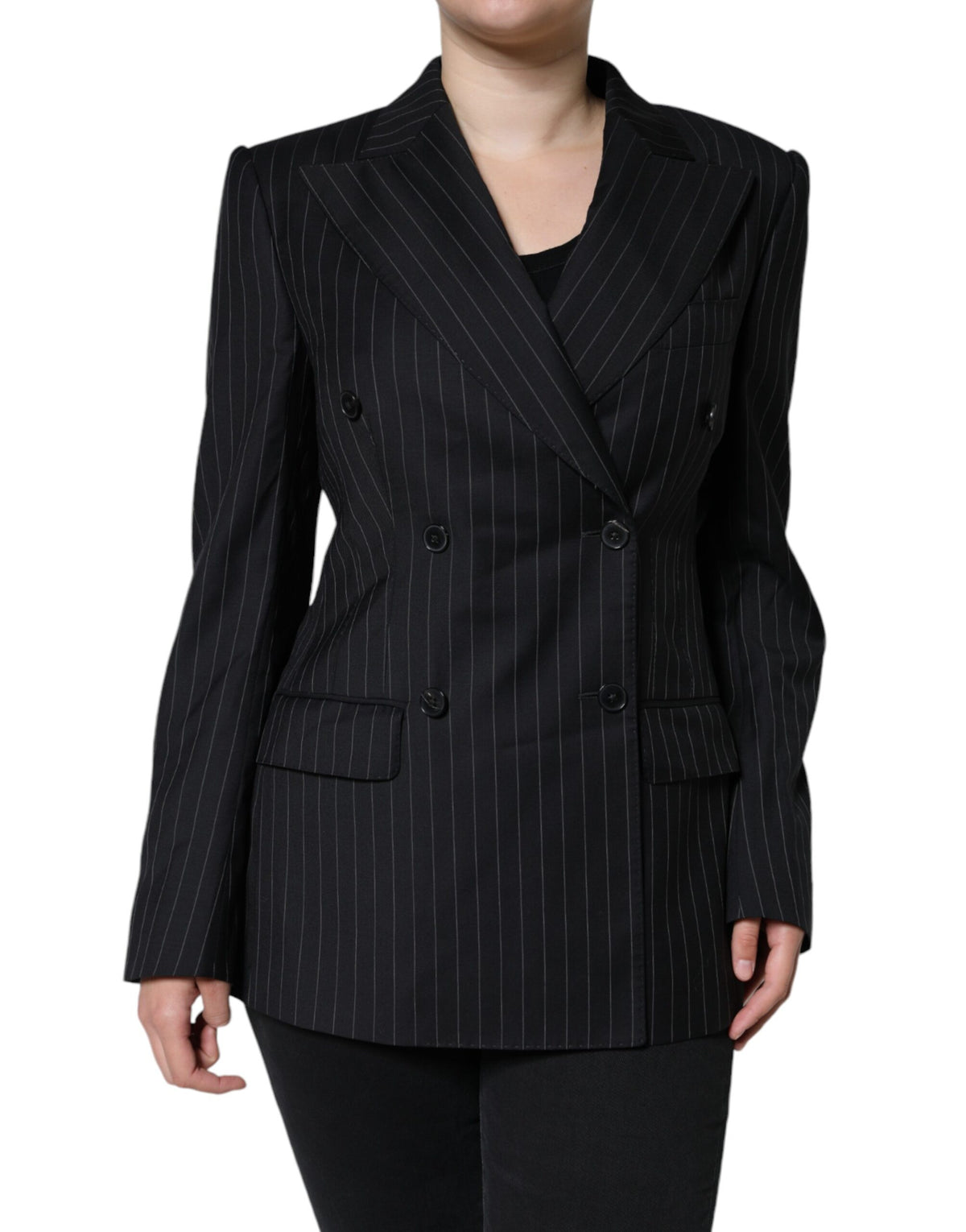 Elevate your wardrobe with the Dolce & Gabbana Black Striped Double Breasted Coat Jacket, a masterpiece of virgin wool and silk, embodying timeless elegance and Italian craftsmanship.