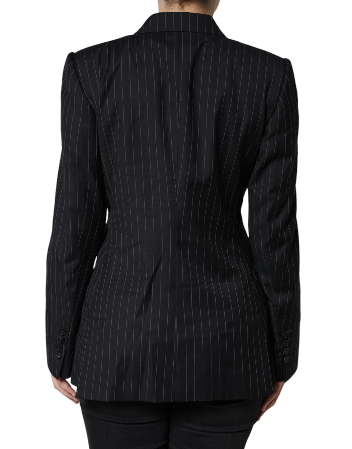 Experience the allure of the Dolce & Gabbana Black Striped Double Breasted Coat Jacket, crafted from luxurious virgin wool and silk, embodying timeless elegance for the discerning individual.