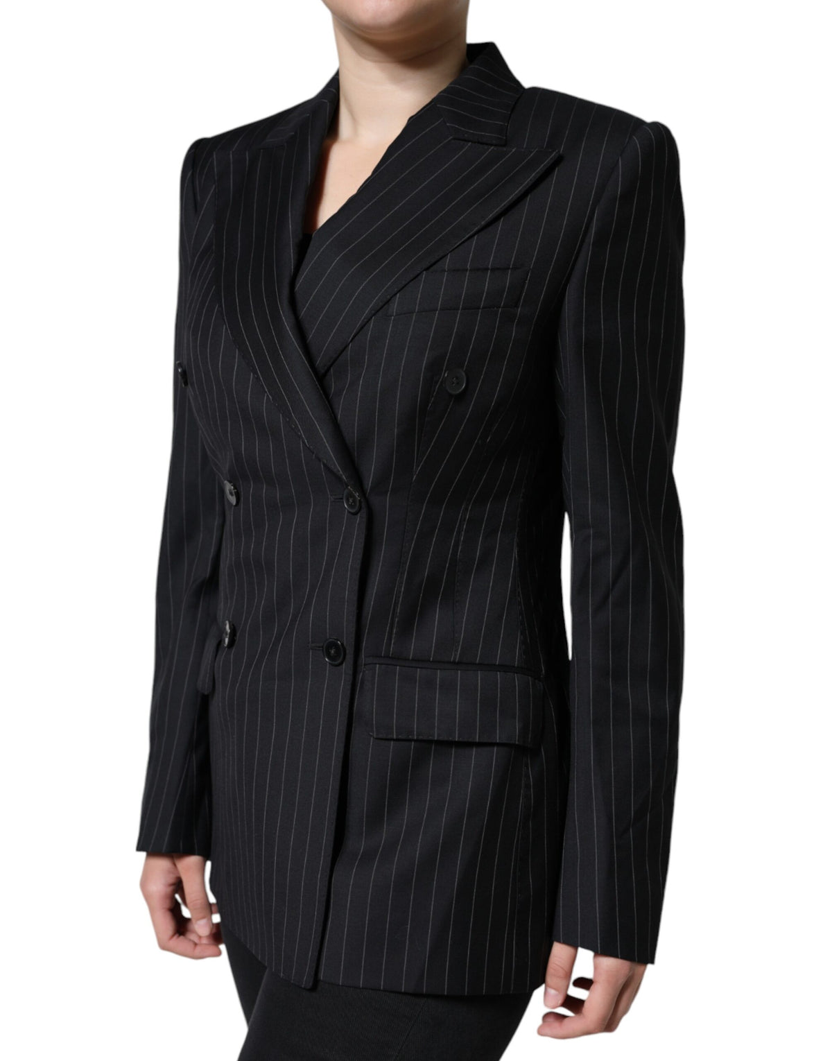 Elevate your wardrobe with the Dolce & Gabbana Black Striped Double Breasted Coat Jacket, a masterpiece of virgin wool and silk, embodying timeless elegance and sophistication.