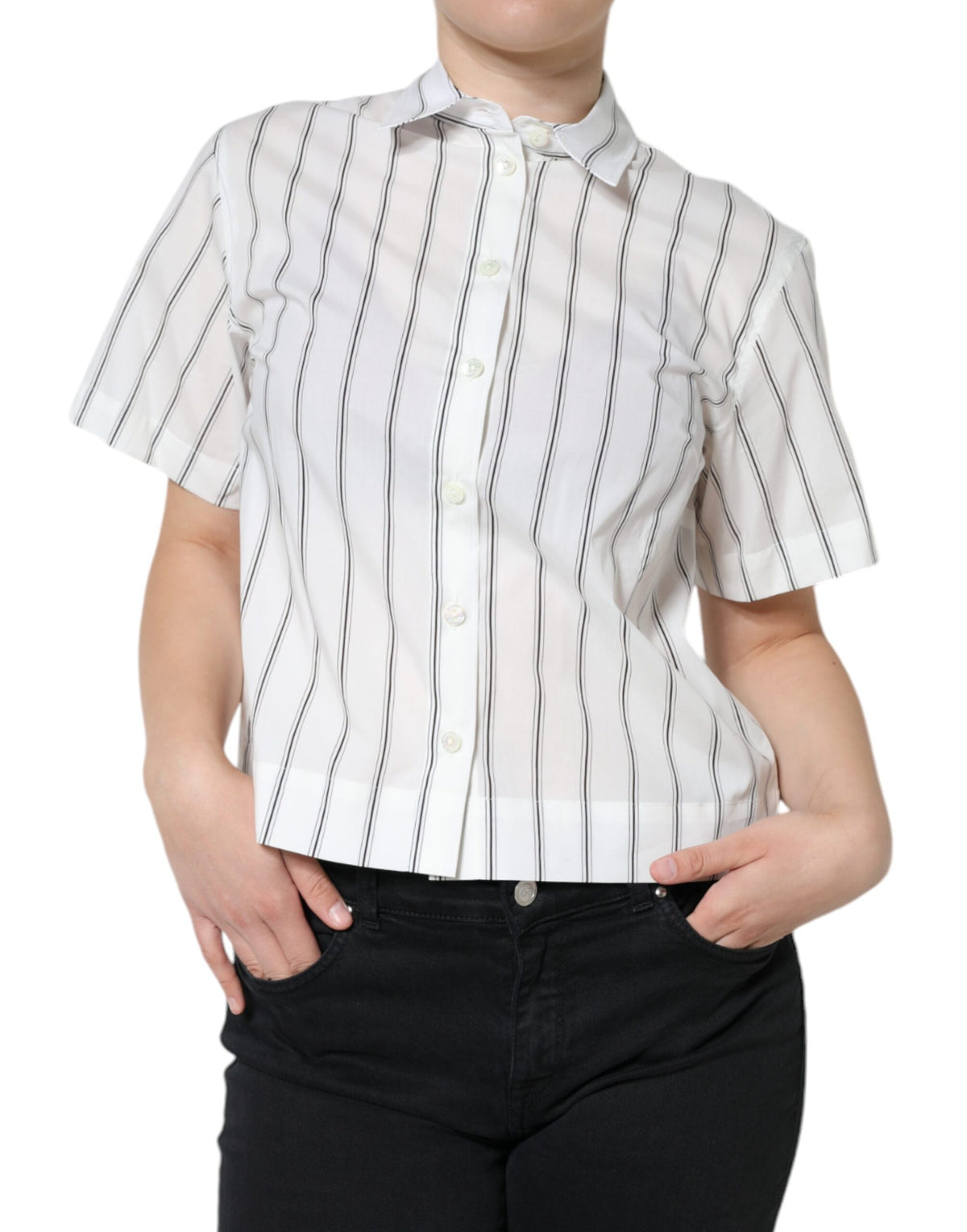 Discover the Dolce & Gabbana White Striped Collared Short Sleeve Polo Top, a luxurious blend of Italian craftsmanship and timeless elegance, perfect for the discerning individual.
