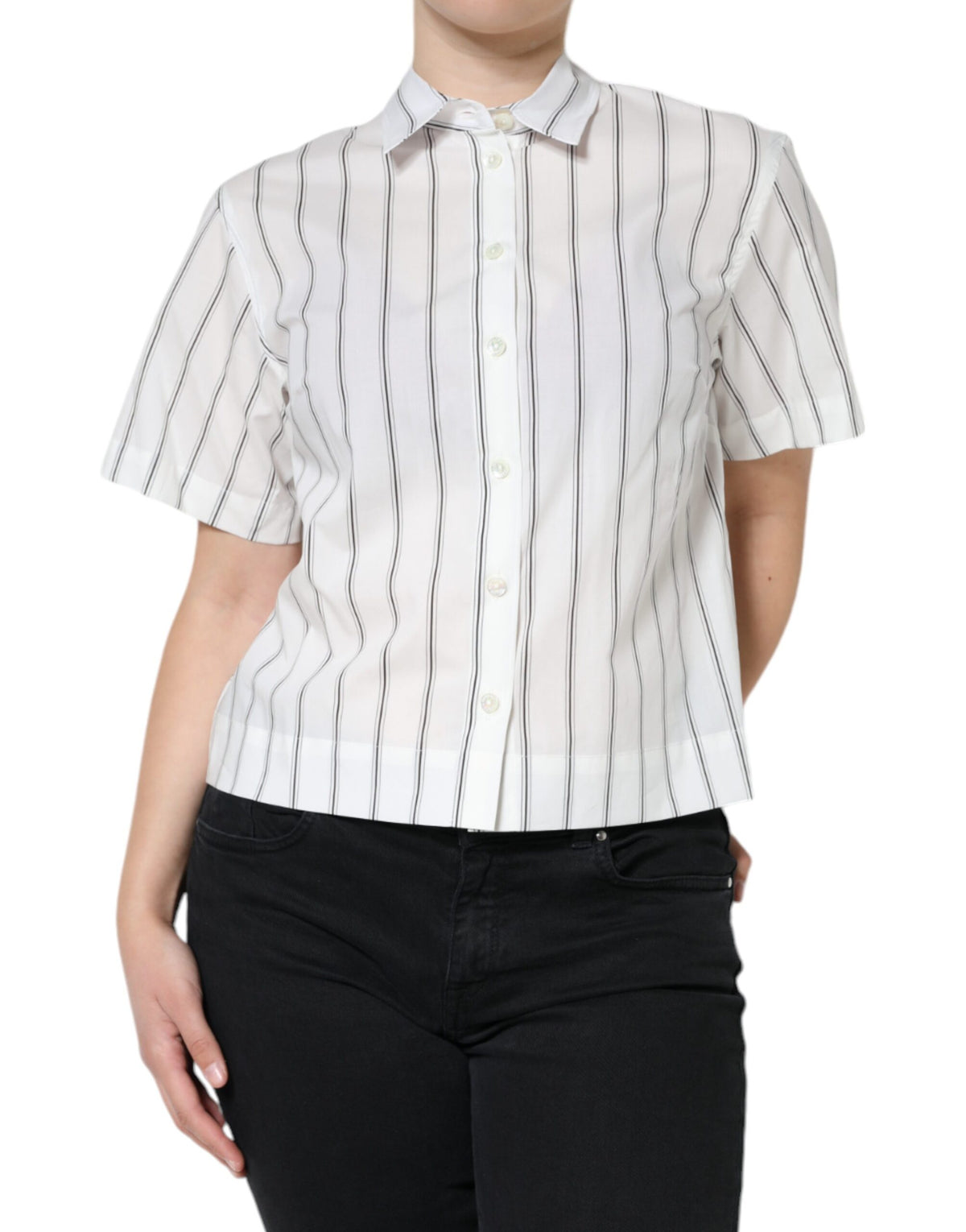 Discover the Dolce & Gabbana White Striped Collared Short Sleeve Polo Top, a luxurious blend of Italian craftsmanship and timeless elegance, perfect for sophisticated moments.