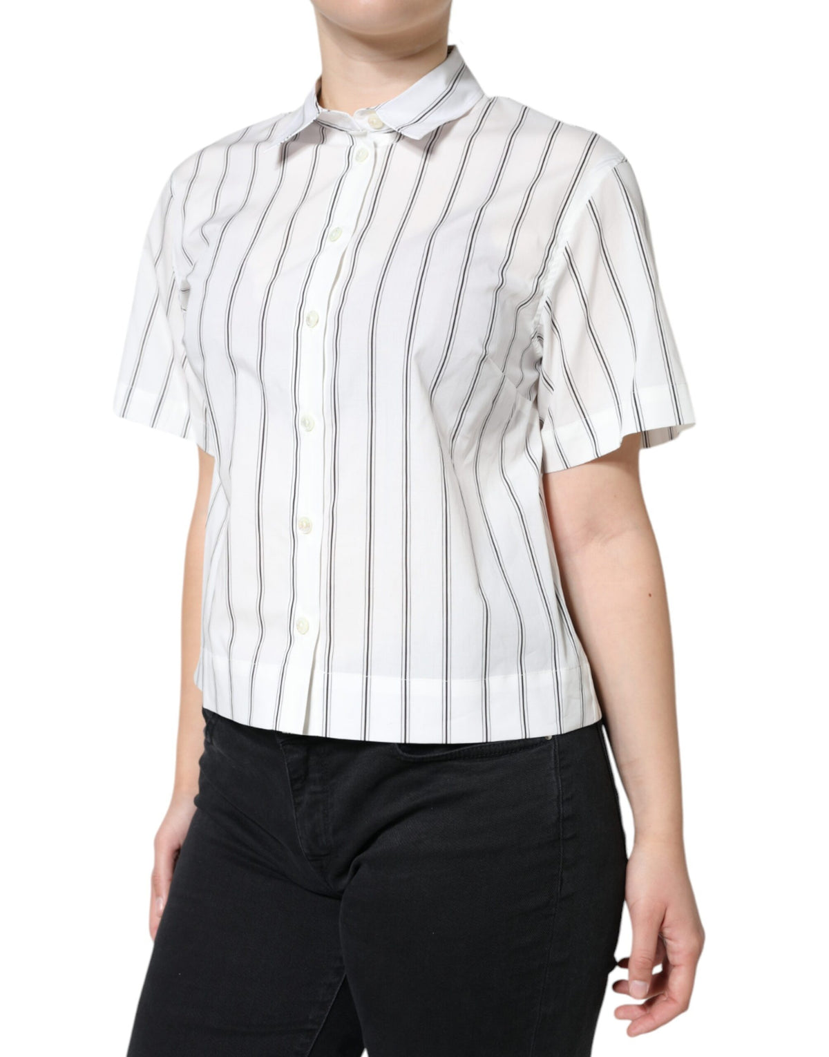 Indulge in the exquisite Dolce & Gabbana White Striped Collared Short Sleeve Polo Top, a celebration of Italian craftsmanship and luxurious comfort, perfect for the discerning individual.