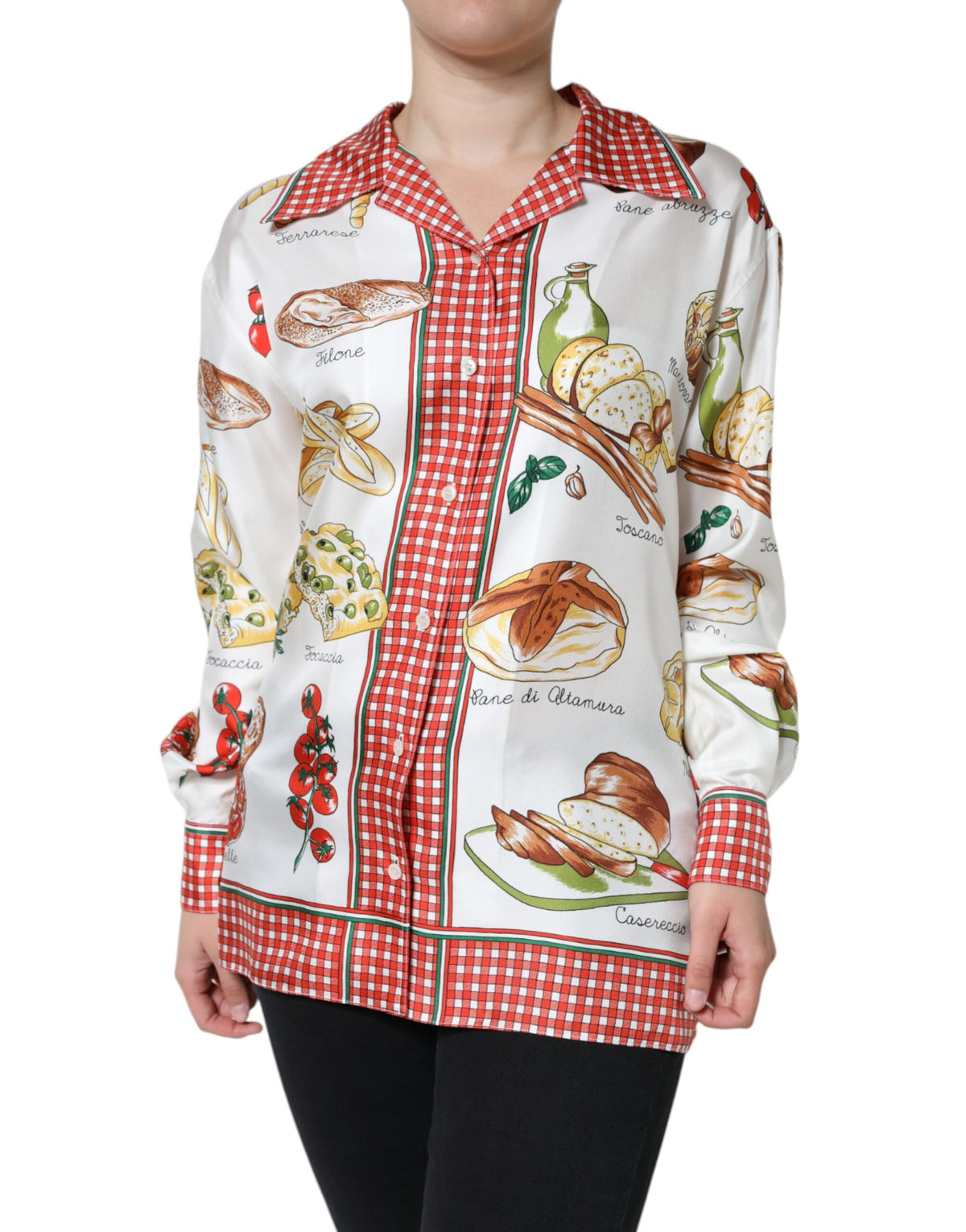 Indulge in the exquisite allure of the Dolce & Gabbana Multicolor Bread Print Collared Blouse, a silk masterpiece that embodies sophistication and artisanal elegance.