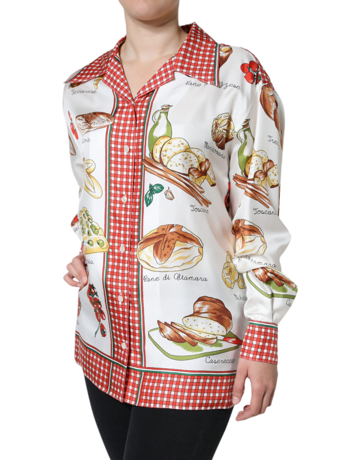 Indulge in the exquisite allure of the Dolce & Gabbana Multicolor Bread Print Collared Blouse, a silk masterpiece that embodies luxury and sophistication, crafted in Italy.