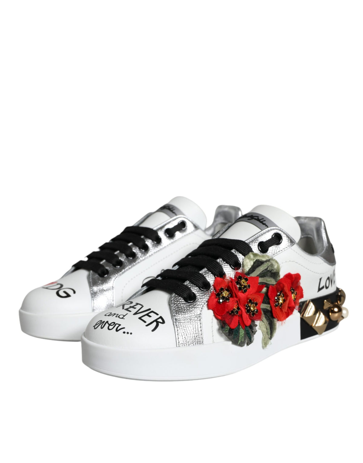 Step into a realm of elegance with Dolce & Gabbana's White Leather Floral Studded Sneakers, where exquisite craftsmanship meets timeless luxury for the discerning individual.