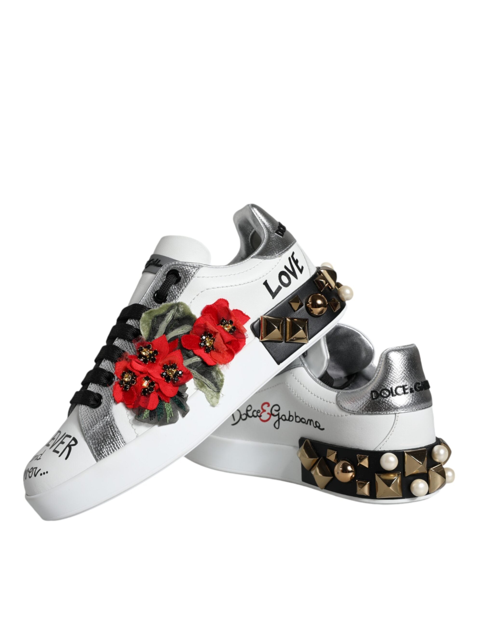 Step into a world of opulence with Dolce & Gabbana's White Leather Floral Studded Sneakers, where exquisite craftsmanship meets timeless elegance for the discerning individual.