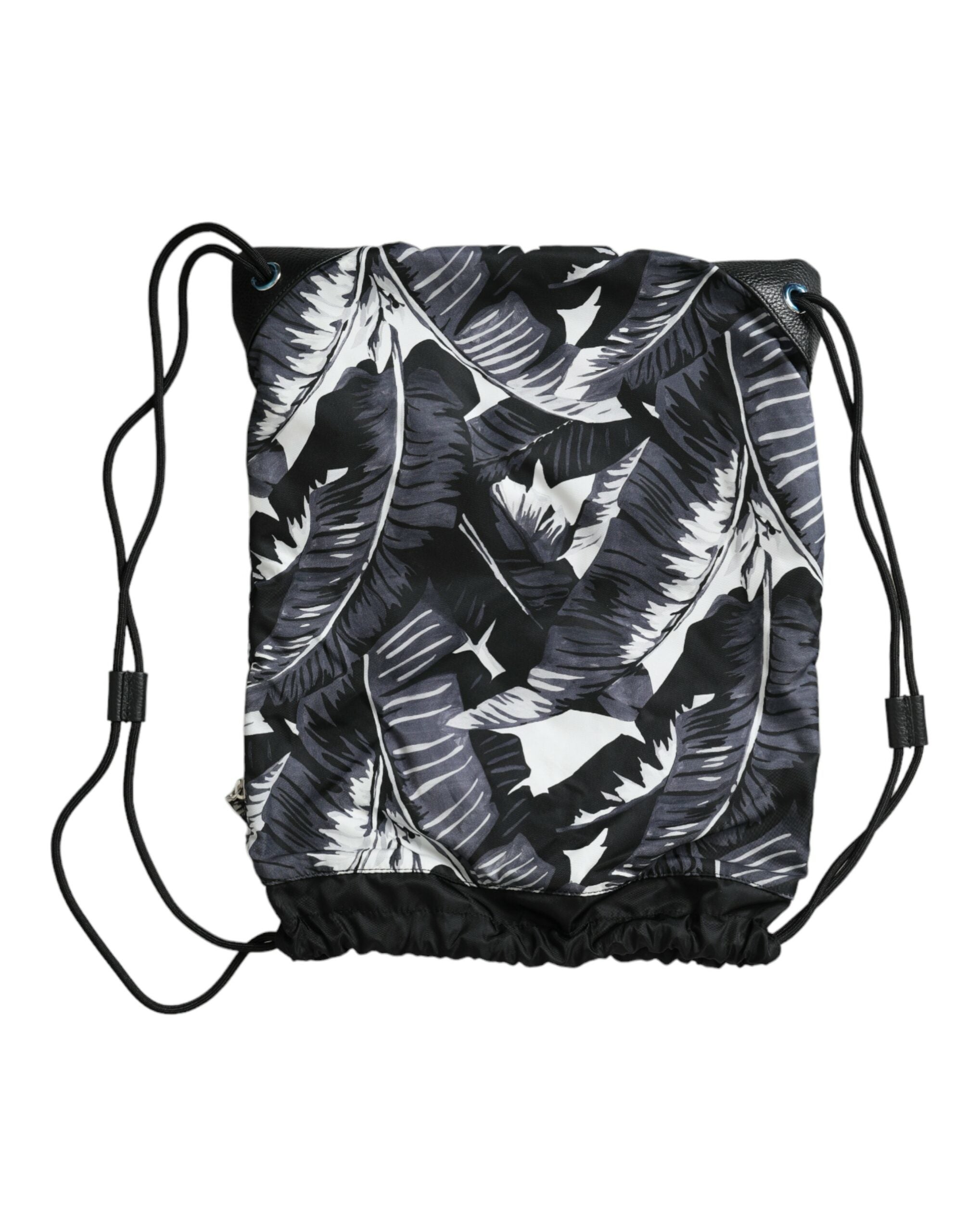 Dolce & Gabbana Black Leaf Print Adjustable Drawstring Nap Sack Bag - DEA STILOSA MILANO