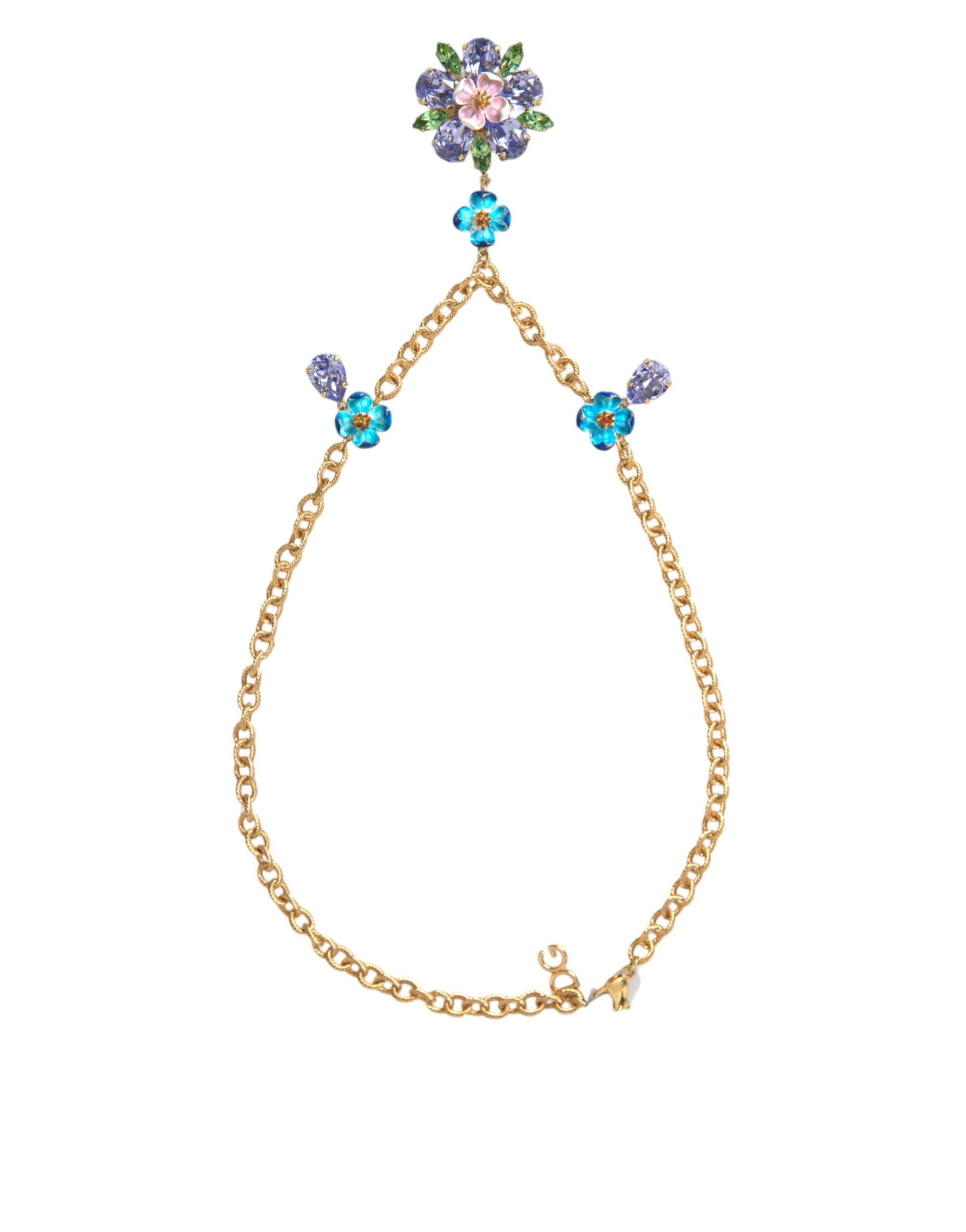 Dolce & Gabbana Gold Brass Chain Crystal Floral Pendant Charm Necklace - DEA STILOSA MILANO