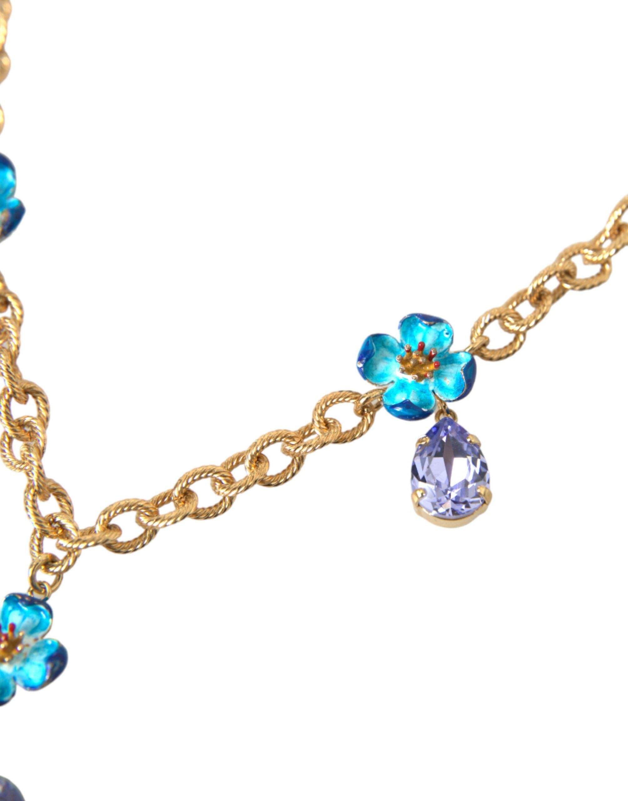 Dolce & Gabbana Gold Brass Chain Crystal Floral Pendant Charm Necklace - DEA STILOSA MILANO