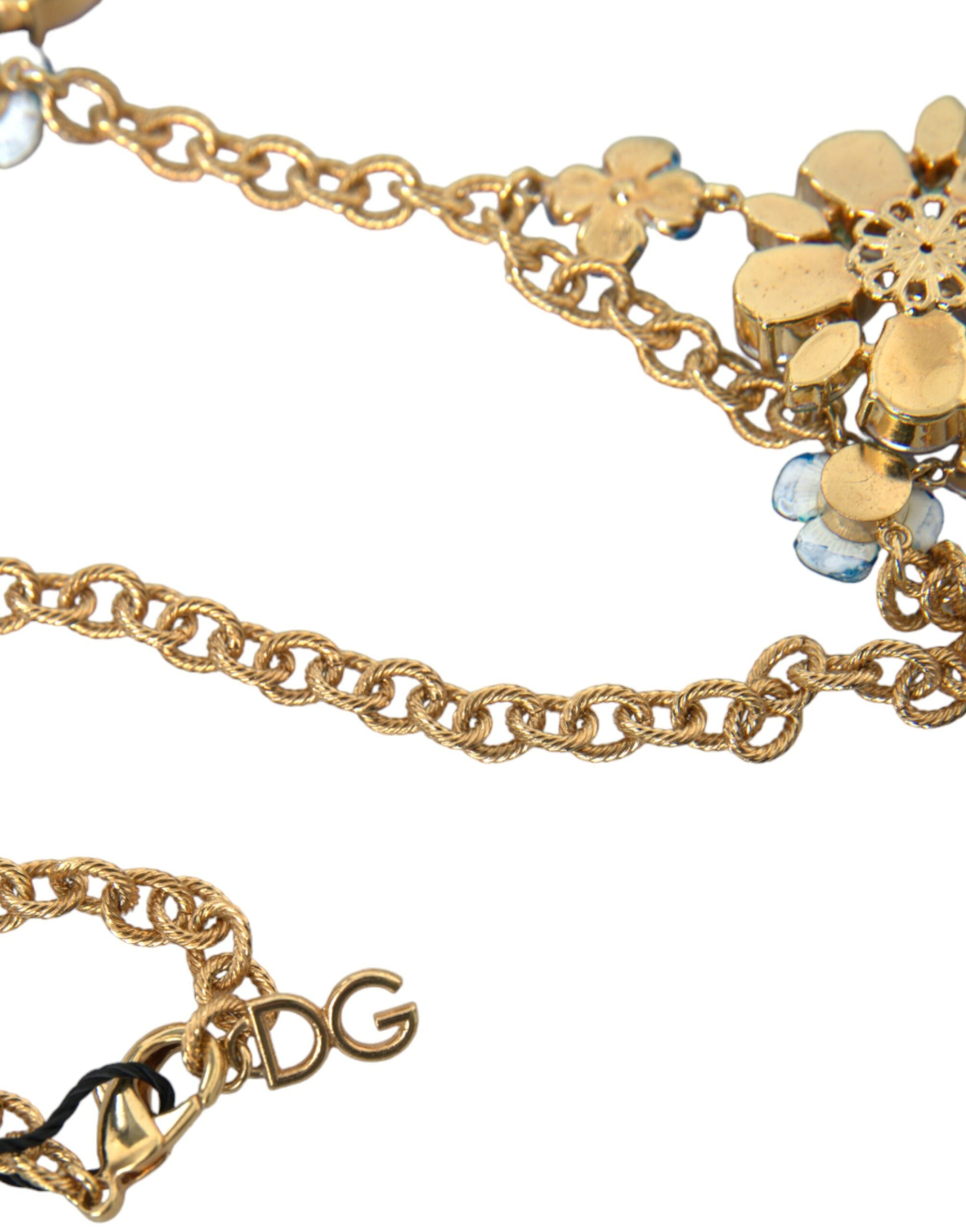 Dolce & Gabbana Gold Brass Chain Crystal Floral Pendant Charm Necklace - DEA STILOSA MILANO
