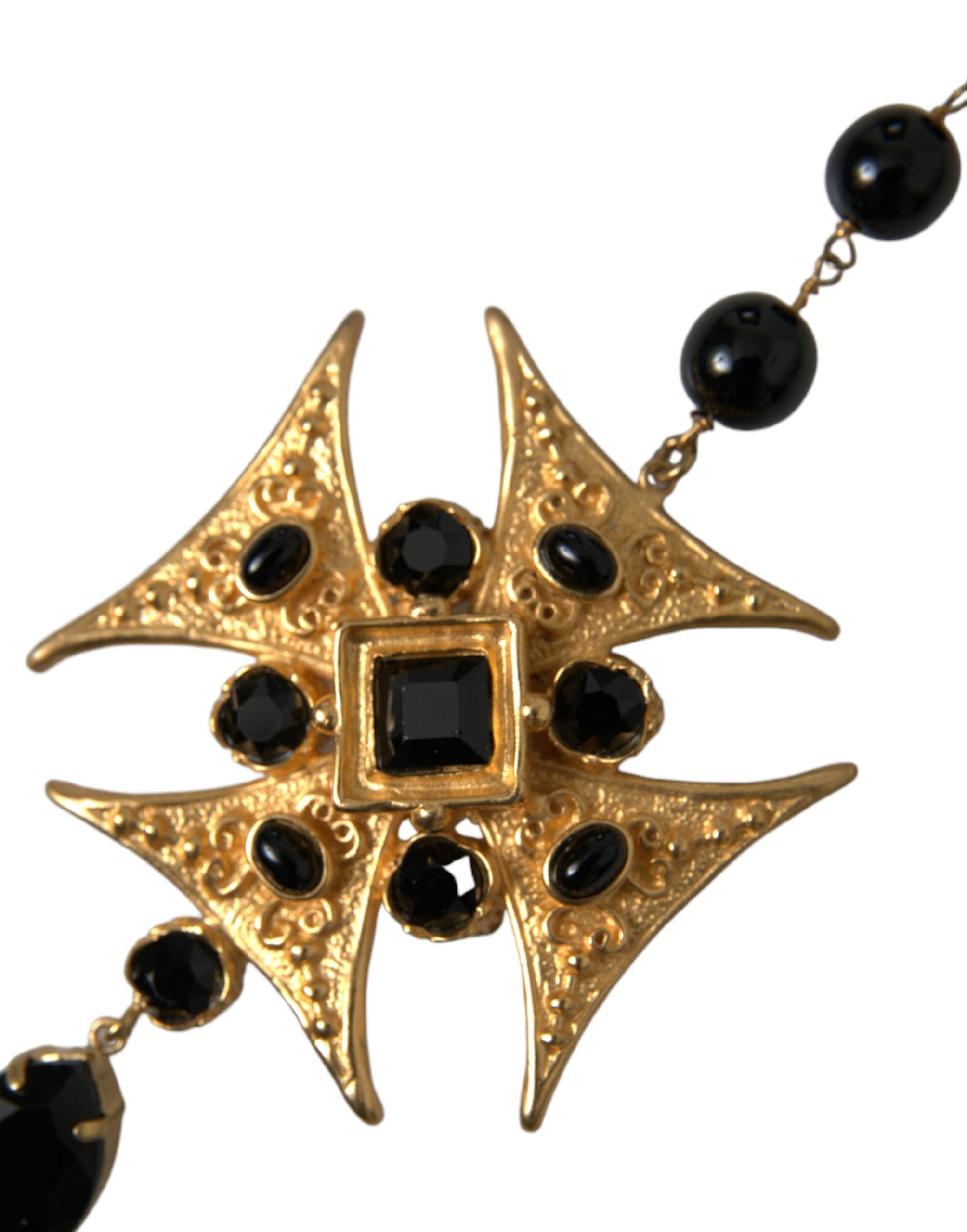 Dolce & Gabbana Gold Tone Brass Cross Black Beaded Chain Rosary Necklace - DEA STILOSA MILANO