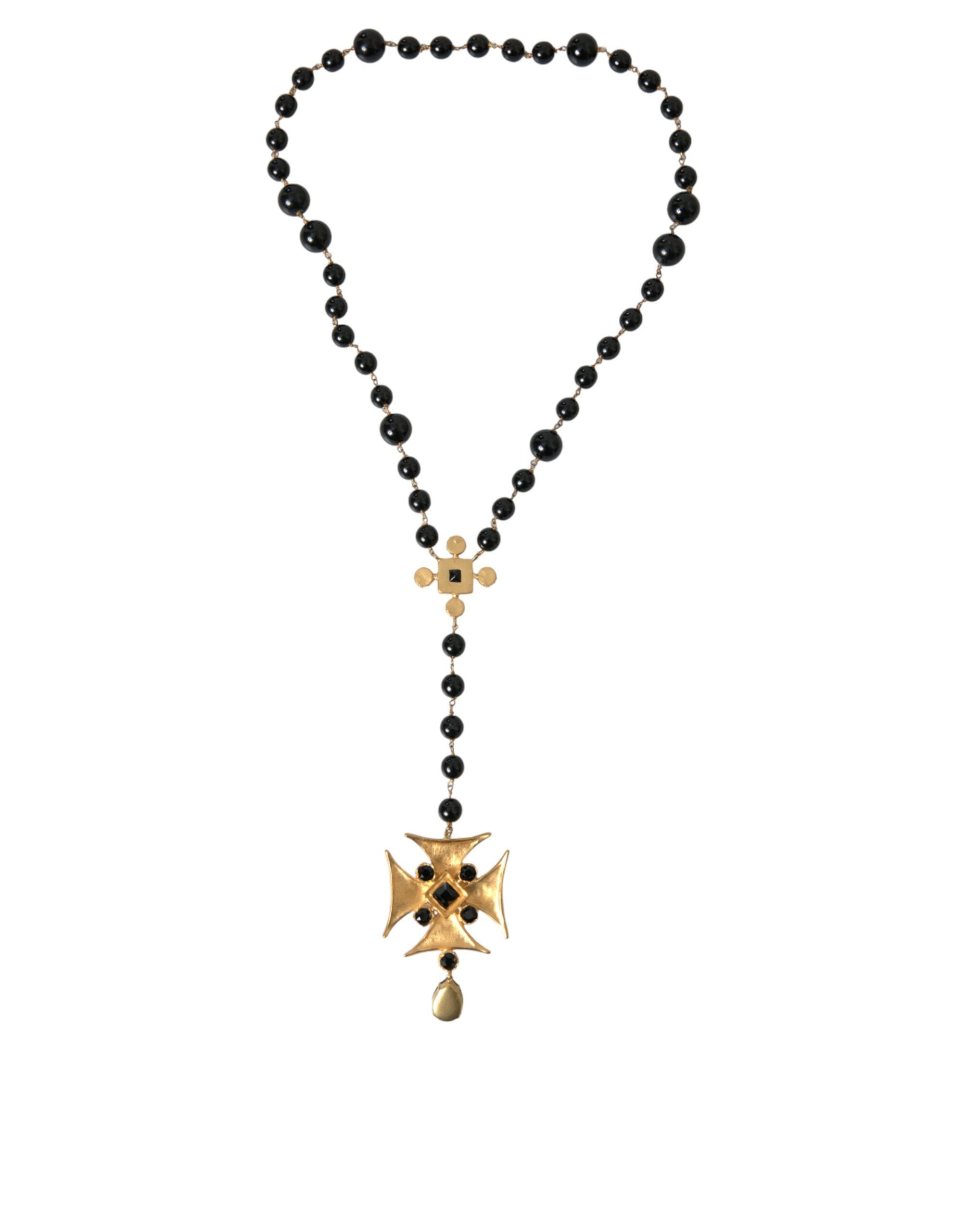 Dolce & Gabbana Gold Tone Brass Cross Black Beaded Chain Rosary Necklace - DEA STILOSA MILANO