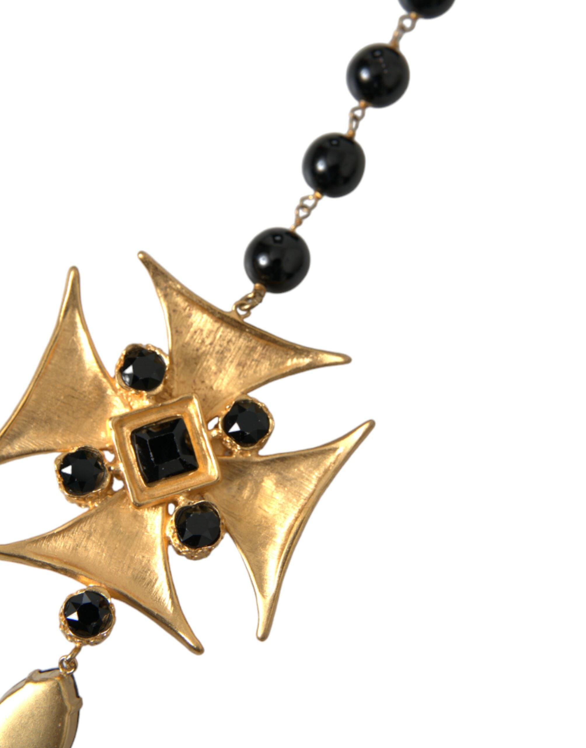 Dolce & Gabbana Gold Tone Brass Cross Black Beaded Chain Rosary Necklace - DEA STILOSA MILANO