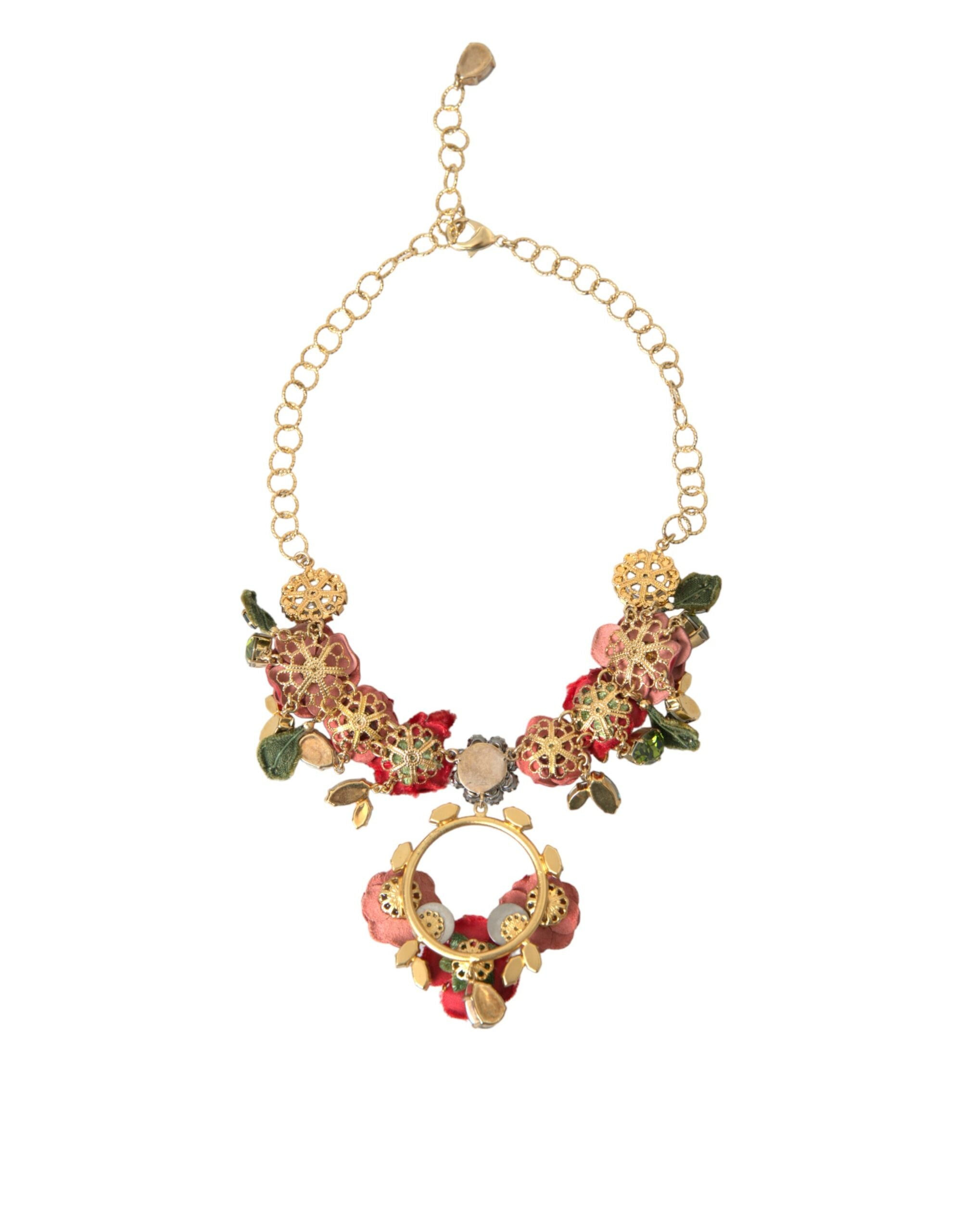Dolce & Gabbana Gold Brass Link Chain Rose Petal Crystal Pendant Necklace - DEA STILOSA MILANO