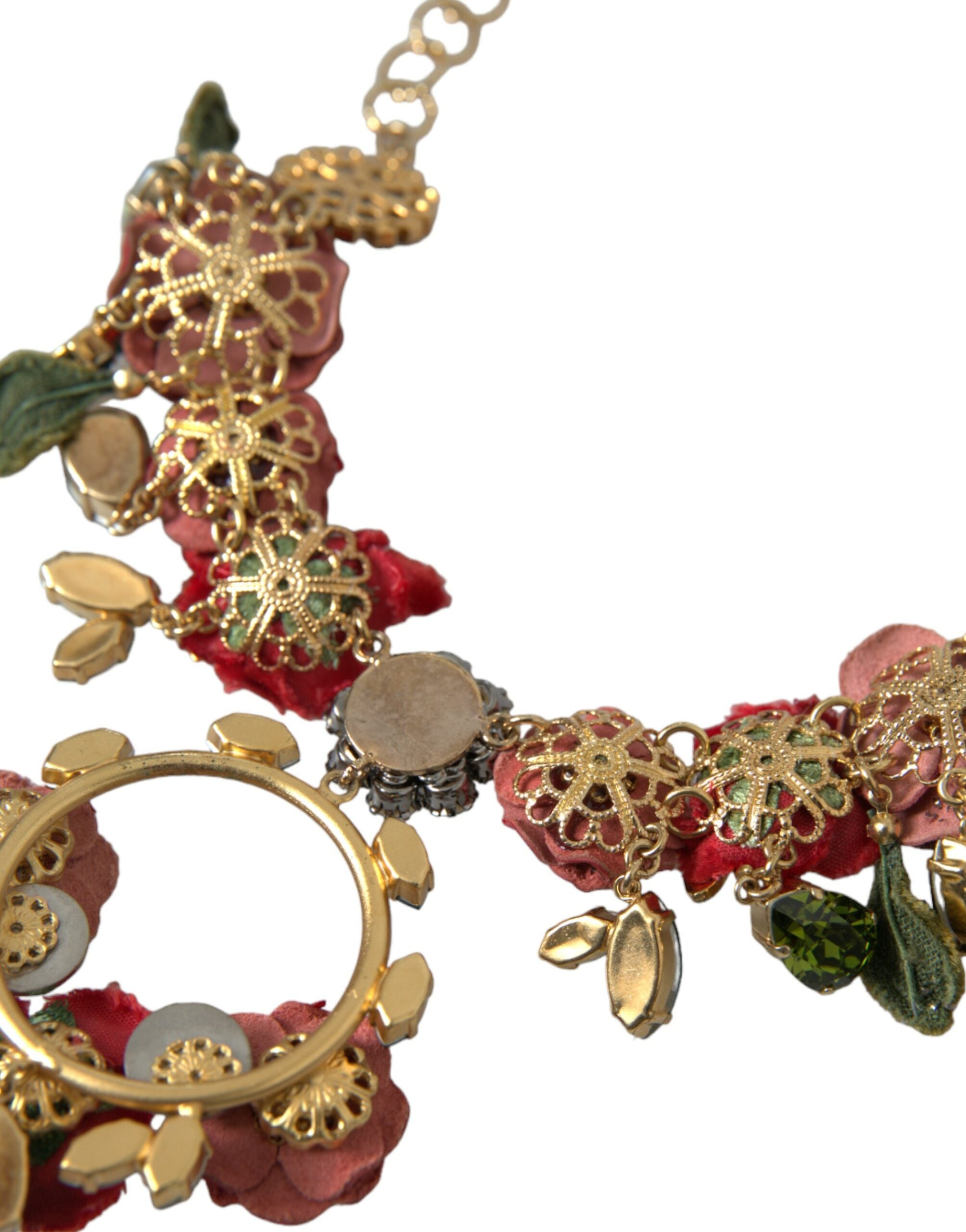 Dolce & Gabbana Gold Brass Link Chain Rose Petal Crystal Pendant Necklace - DEA STILOSA MILANO