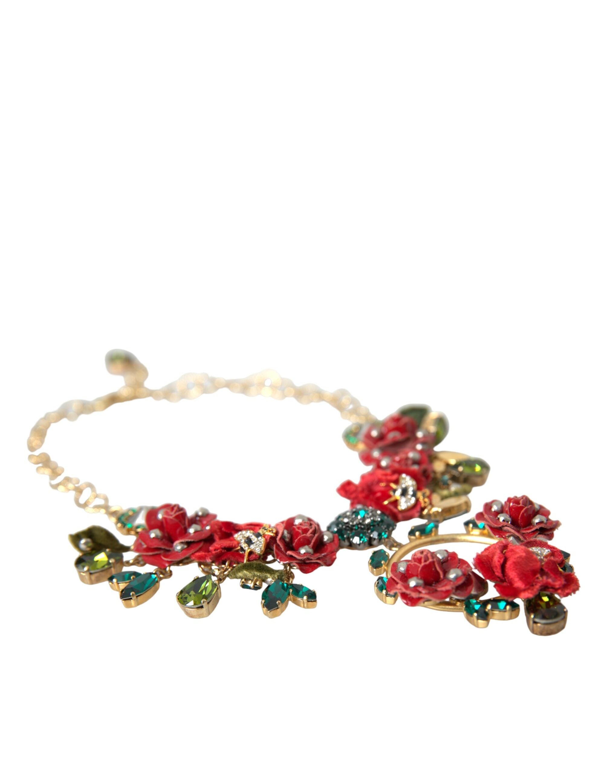 Dolce & Gabbana Gold Brass Link Chain Rose Petal Crystal Pendant Necklace - DEA STILOSA MILANO