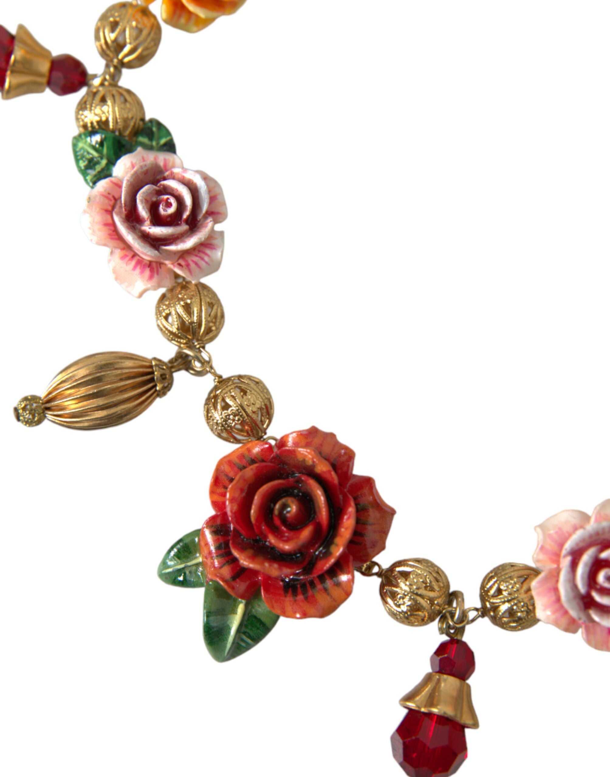 Dolce & Gabbana Multicolor Roses Crystals Gold Ball Chain Necklace - DEA STILOSA MILANO