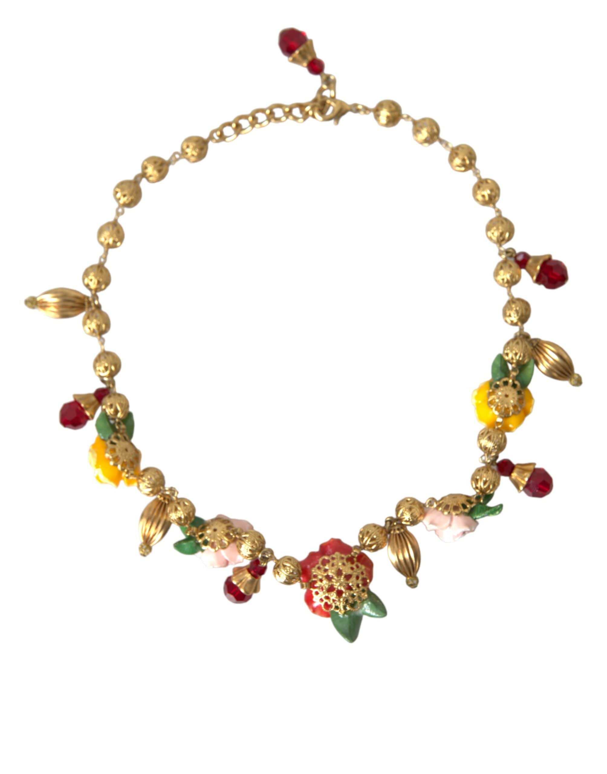 Dolce & Gabbana Multicolor Roses Crystals Gold Ball Chain Necklace - DEA STILOSA MILANO