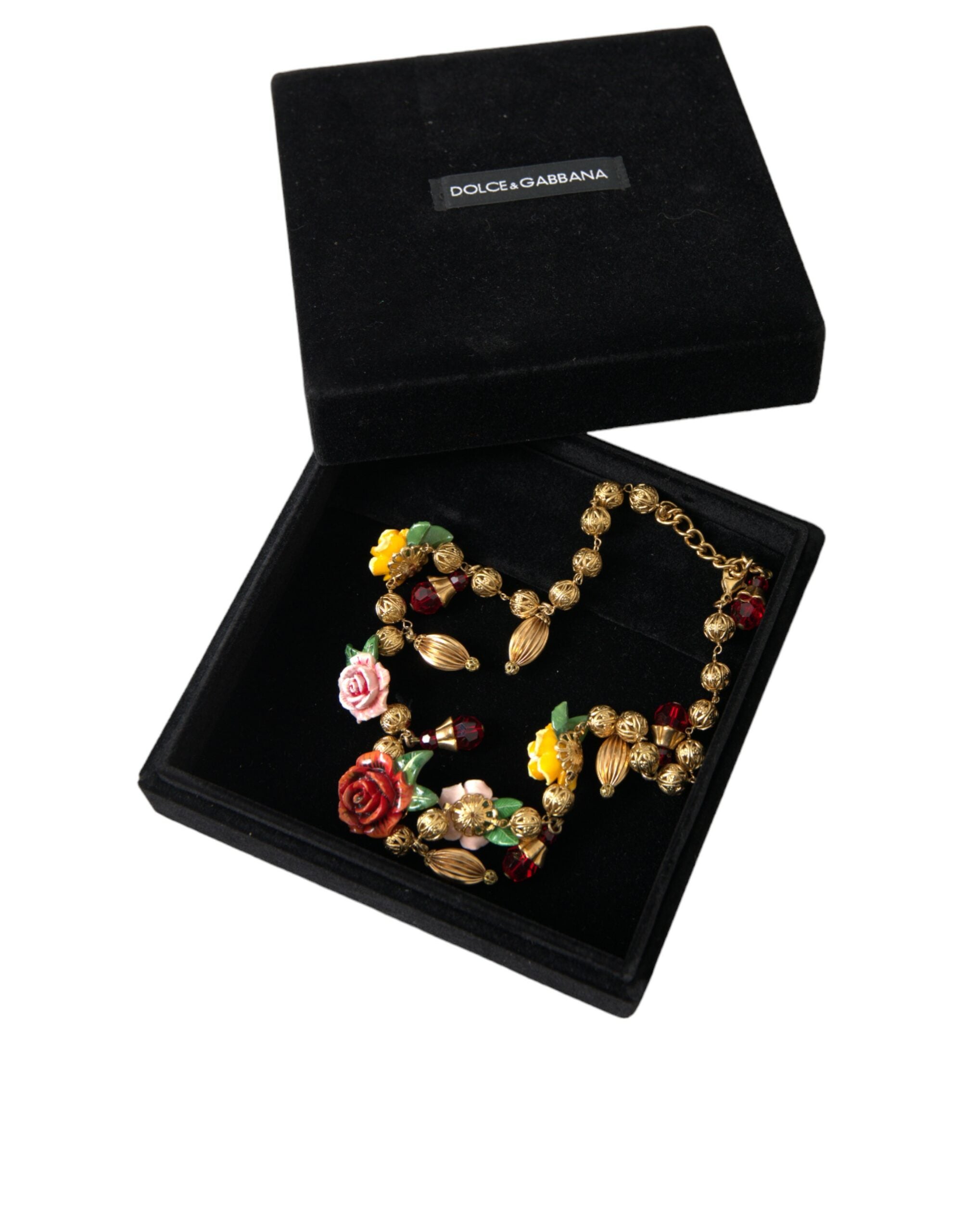 Dolce & Gabbana Multicolor Roses Crystals Gold Ball Chain Necklace - DEA STILOSA MILANO