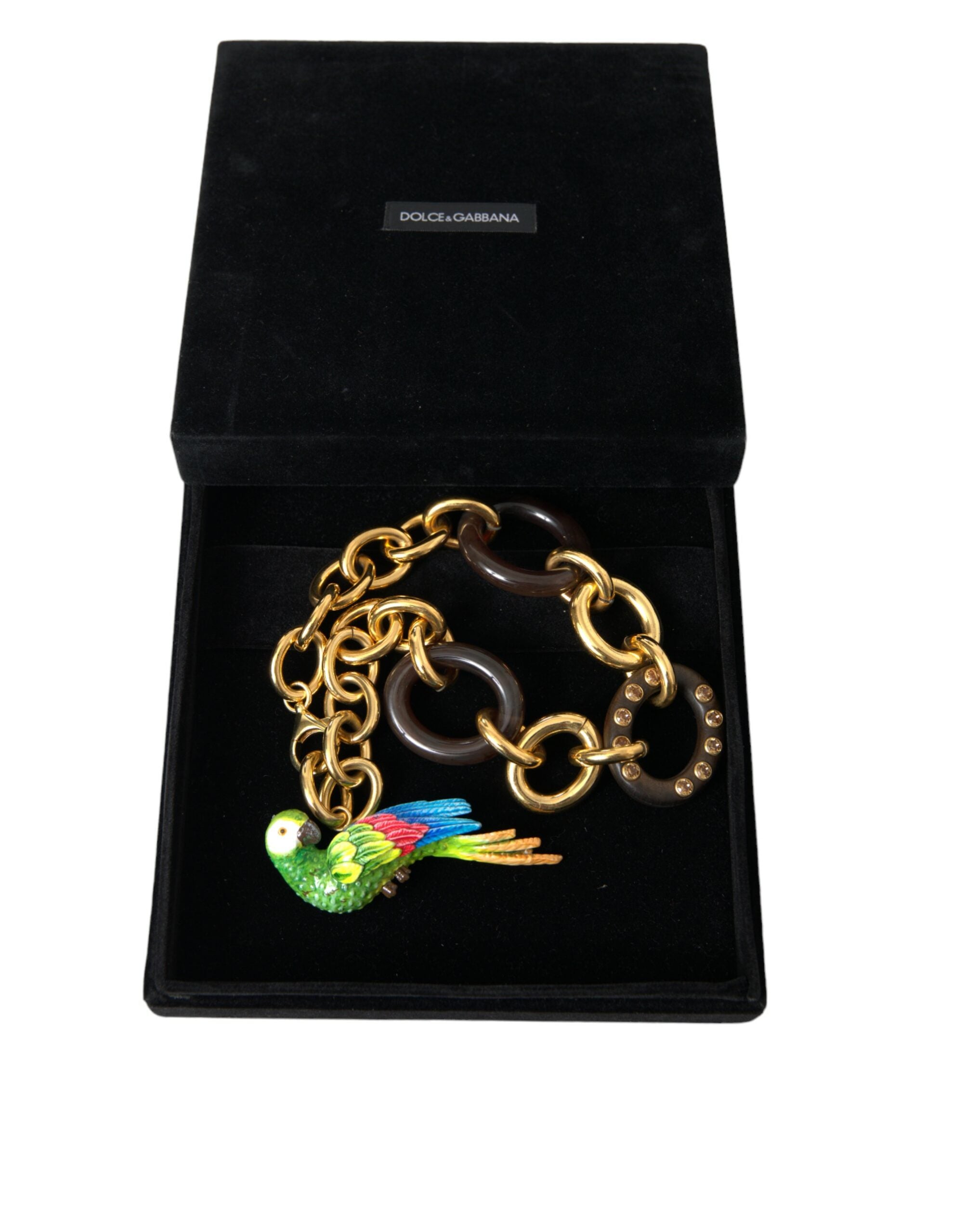 Dolce & Gabbana Gold Brass Chain Crystal Pearl PARROT Pendant Necklace - DEA STILOSA MILANO