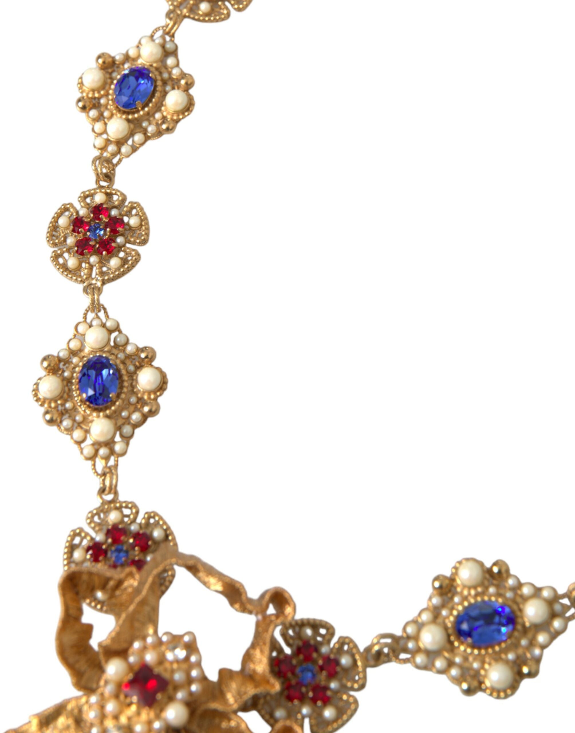 Dolce & Gabbana Gold Brass Mama Mary Crystal Pearl Embellished Necklace - DEA STILOSA MILANO