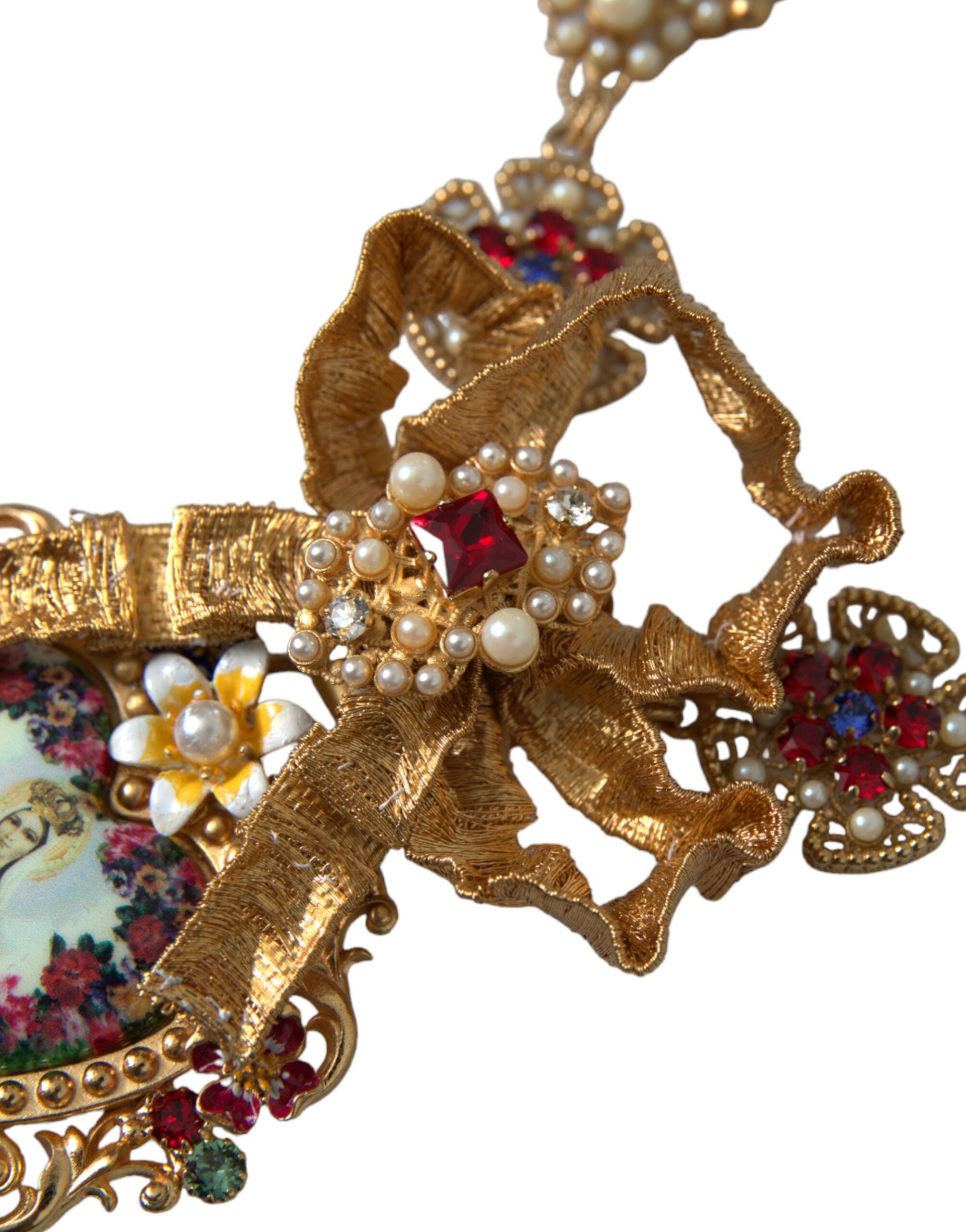 Dolce & Gabbana Gold Brass Mama Mary Crystal Pearl Embellished Necklace - DEA STILOSA MILANO