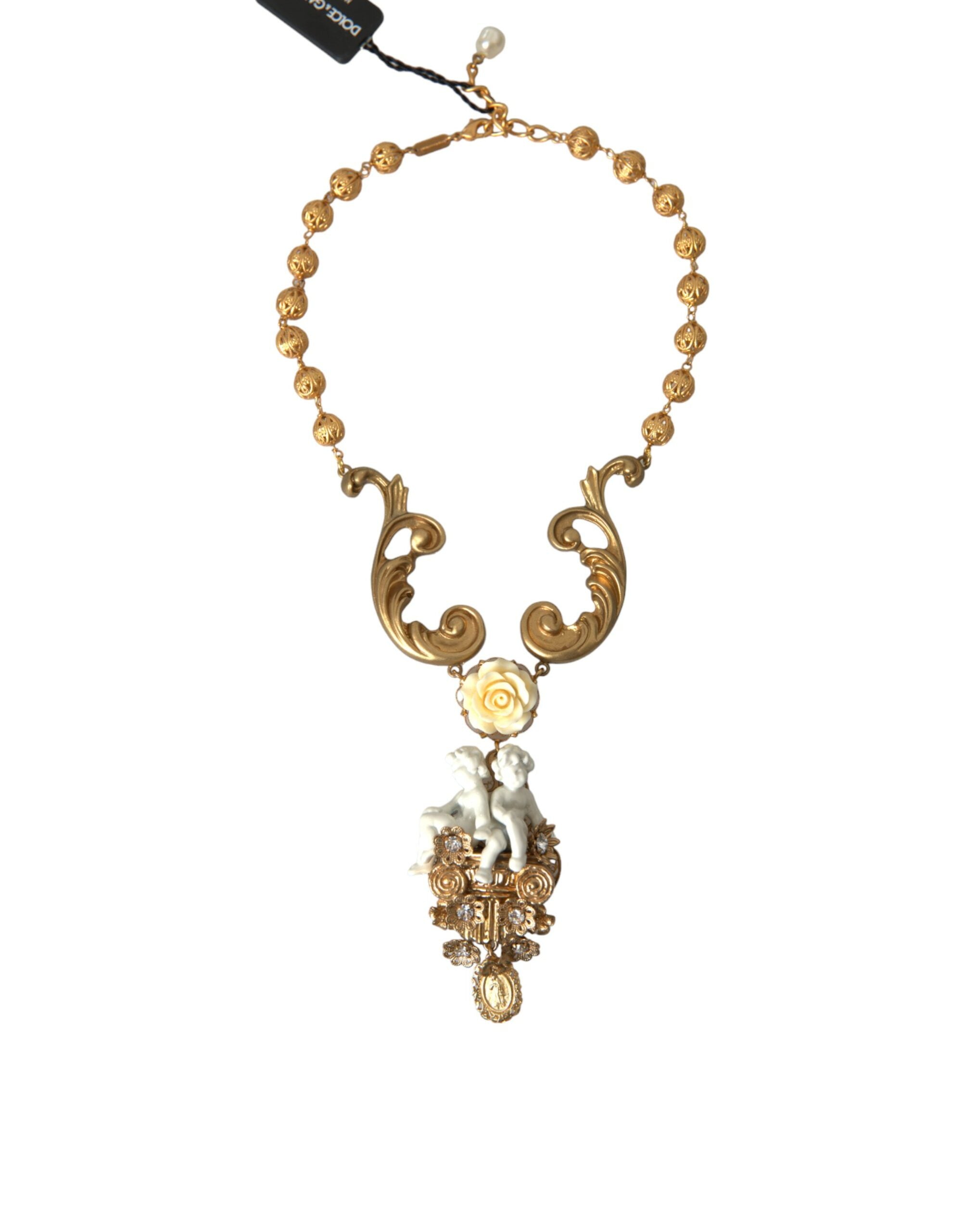 Dolce & Gabbana Gold Brass Angel Floral Beaded Embellished Necklace - DEA STILOSA MILANO