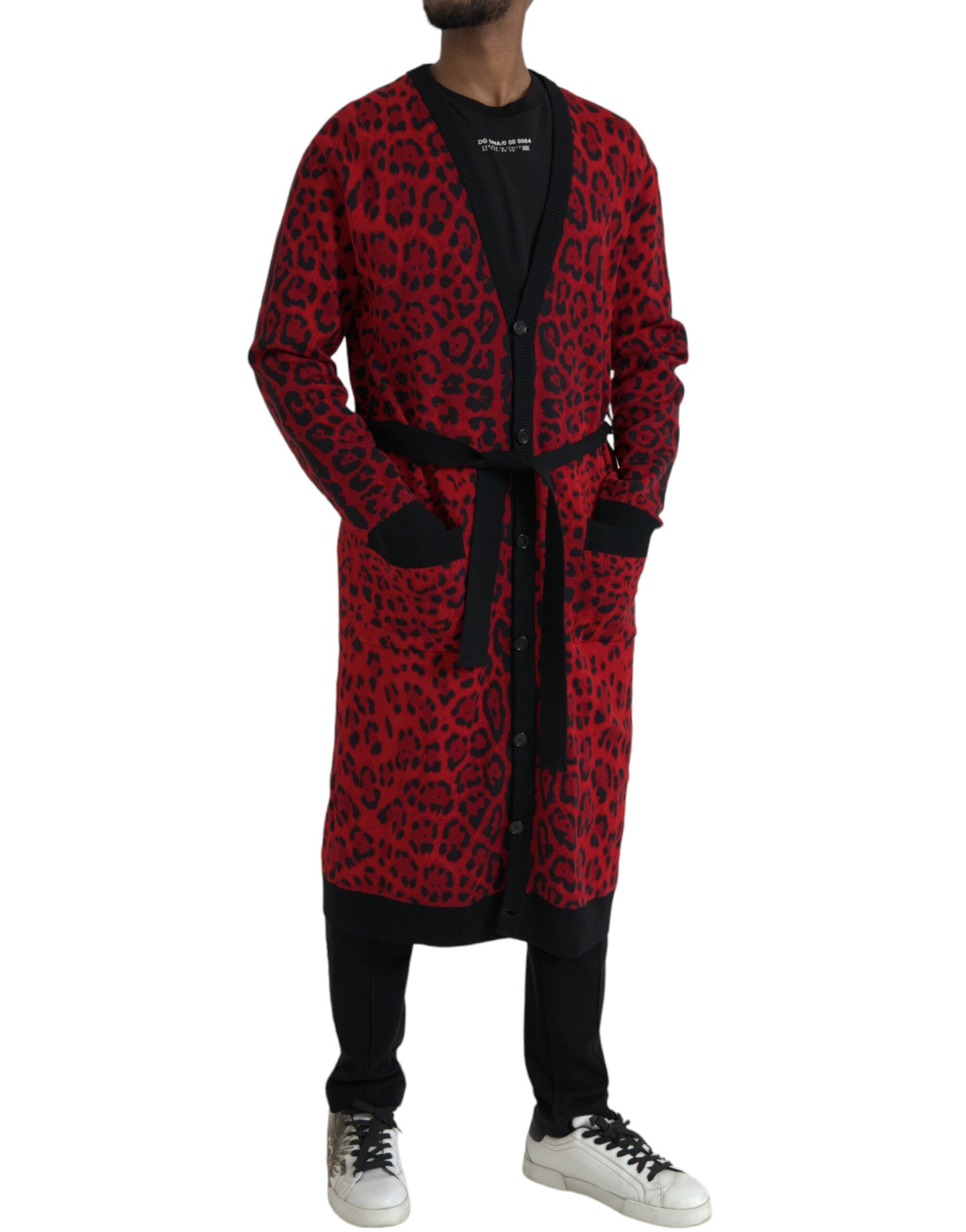 Dolce & Gabbana Red Leopard Wool Robe Belted Cardigan Sweater - DEA STILOSA MILANO