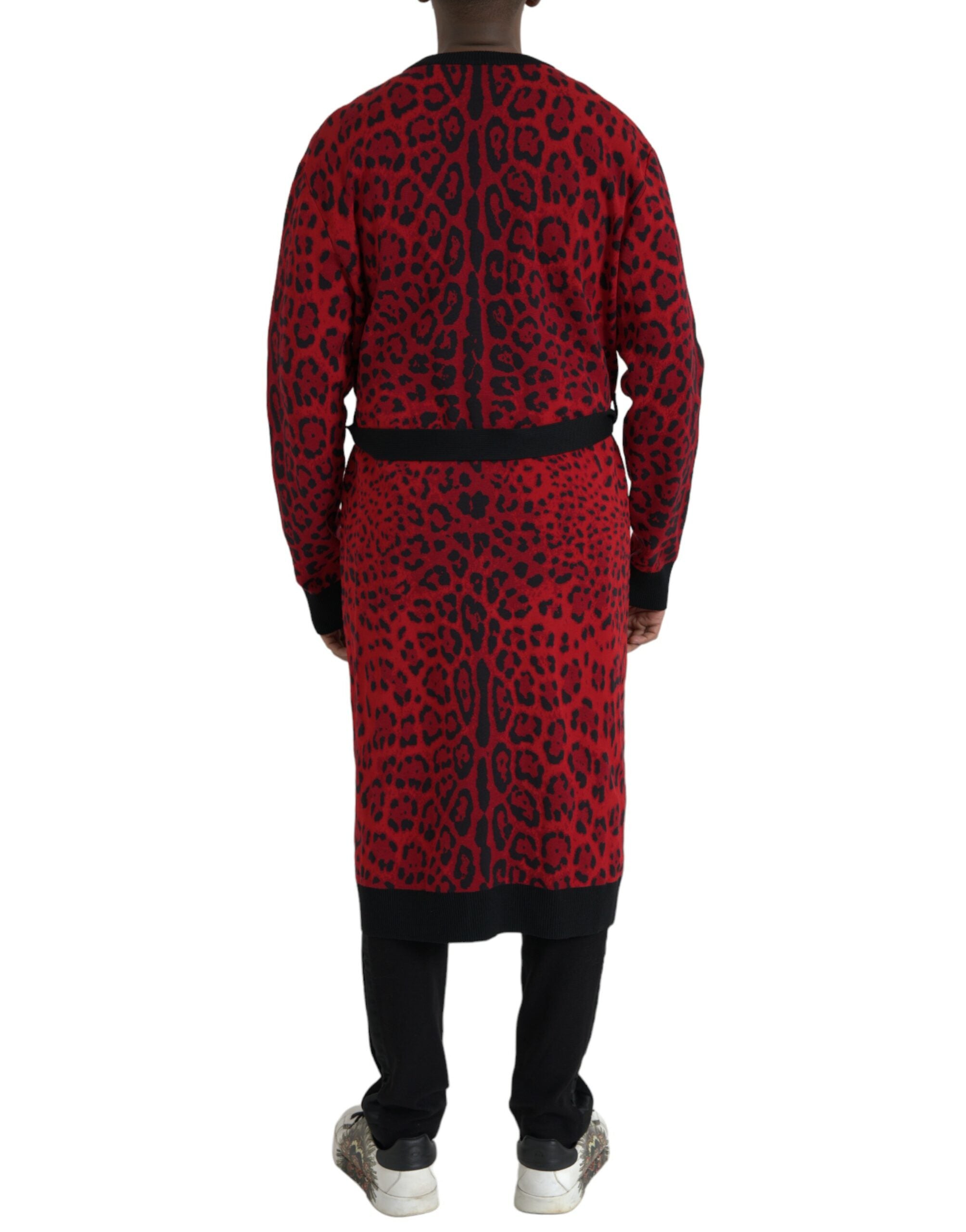 Dolce & Gabbana Red Leopard Wool Robe Belted Cardigan Sweater - DEA STILOSA MILANO