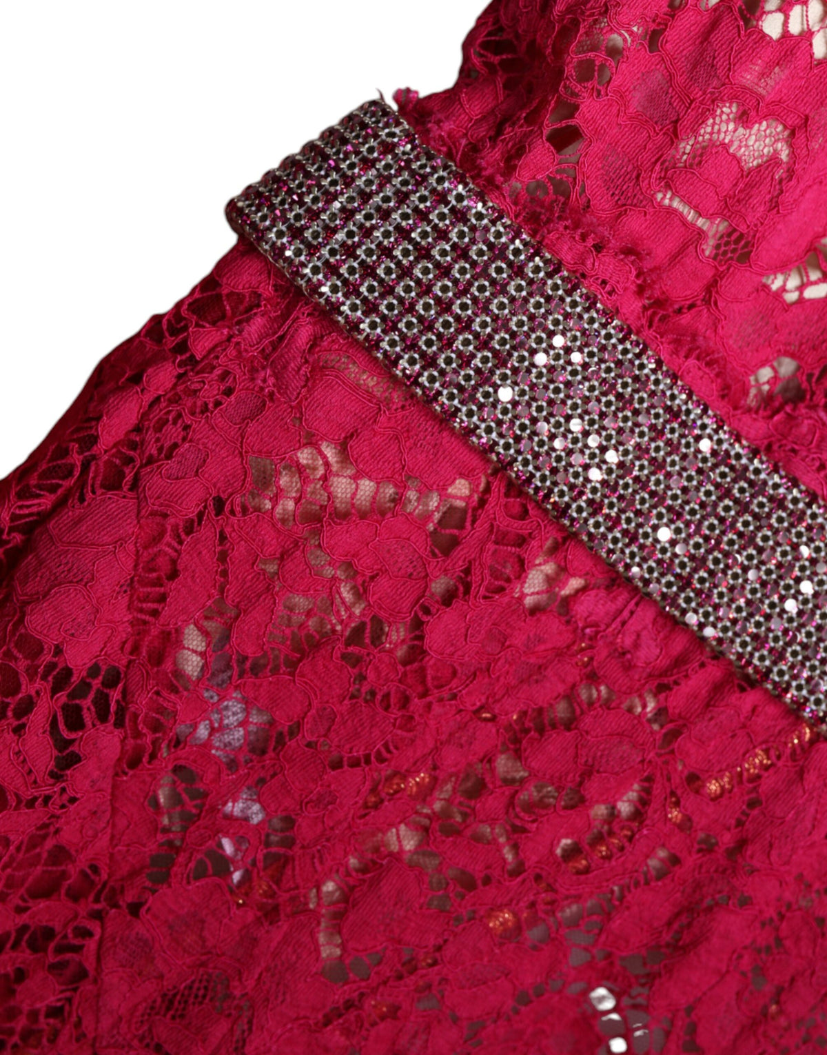 Indulge in the exquisite Dolce & Gabbana Pink Lace Crystal Sheath Long Gown, a masterpiece of Italian craftsmanship, perfect for those who embody elegance and sophistication.