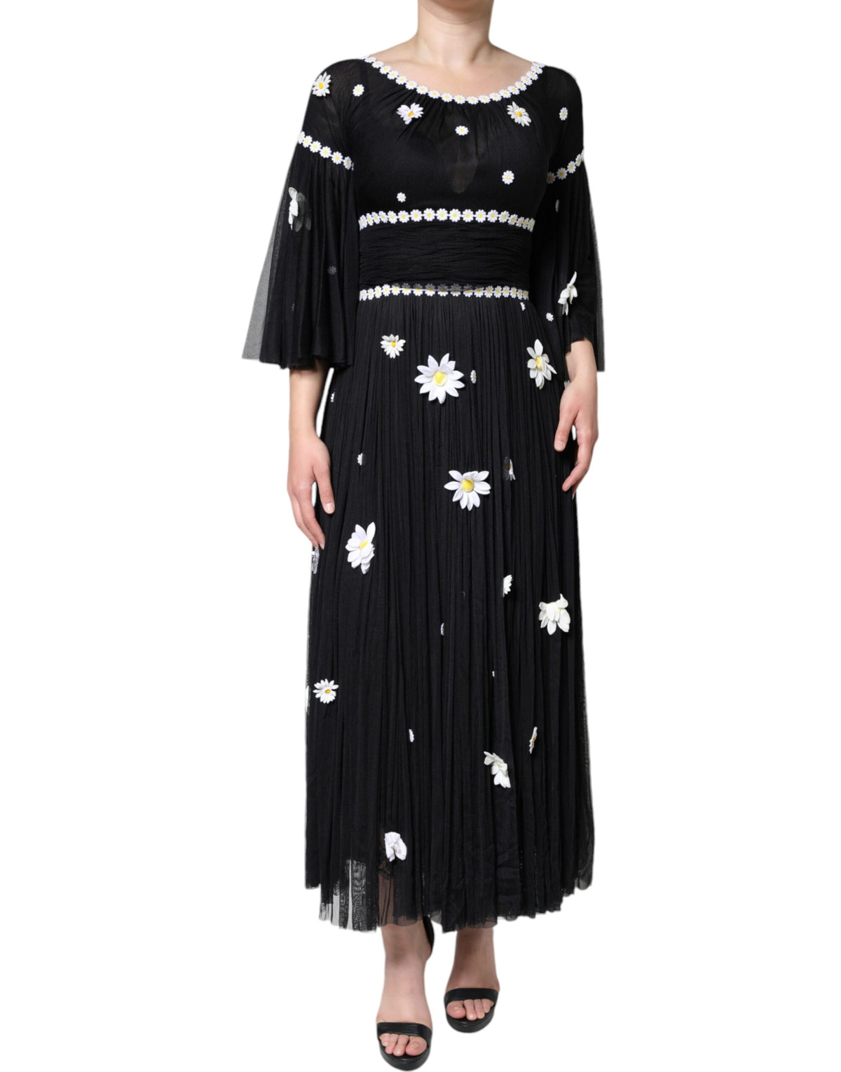 Elevate your wardrobe with the Dolce & Gabbana Black Silk Daisy A-line Long Maxi Dress, a masterpiece of Italian craftsmanship that embodies timeless luxury and effortless elegance.