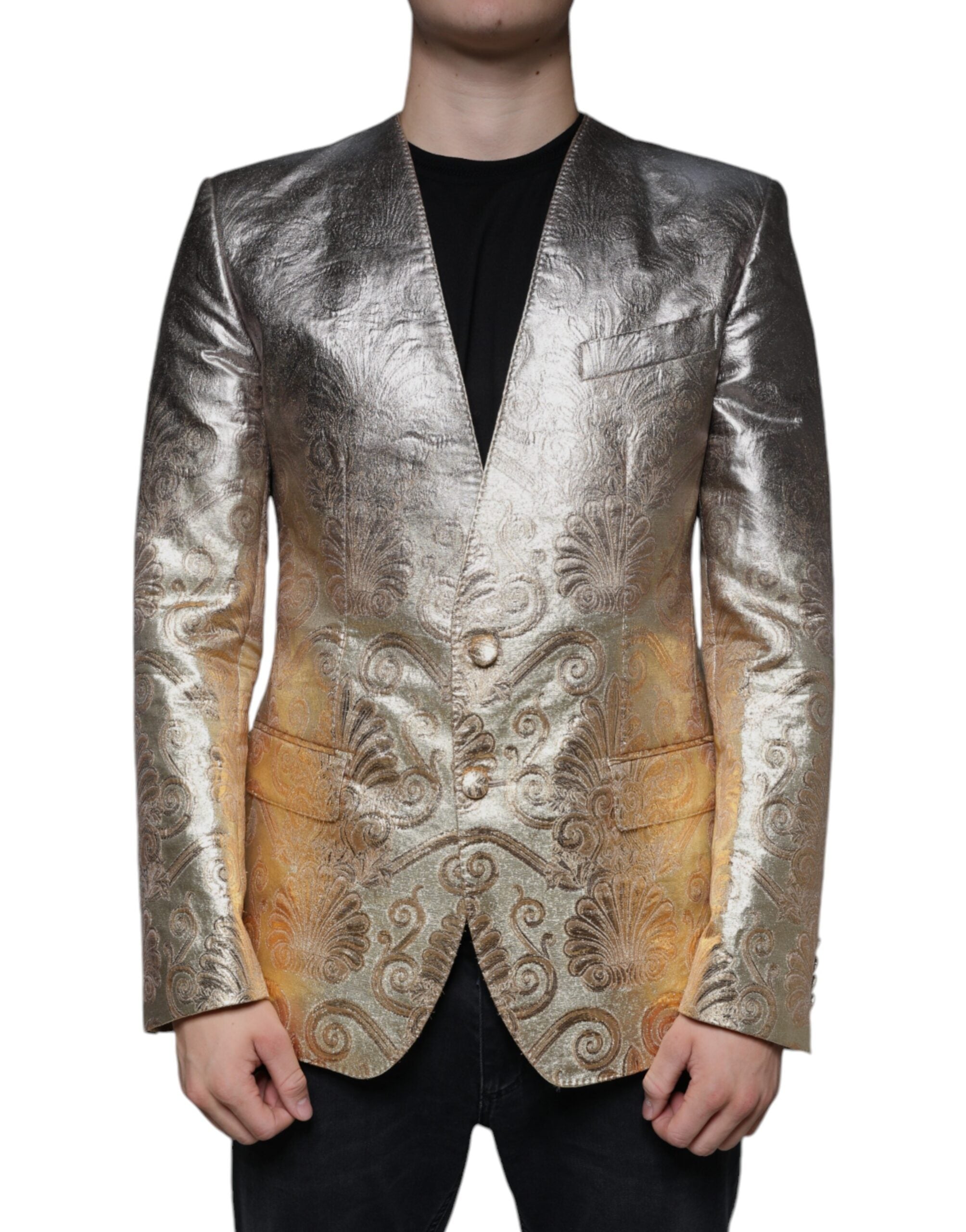 Discover the Dolce & Gabbana Gold Jacquard Single Breasted Dress Blazer, a masterpiece of Italian craftsmanship blending silk and polyester for timeless elegance.