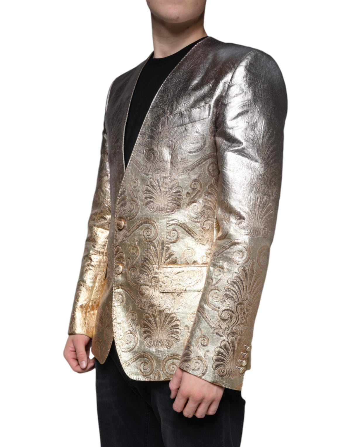 Elevate your wardrobe with the Dolce & Gabbana Gold Jacquard Single Breasted Dress Blazer, a masterpiece of Italian craftsmanship in luxurious silk and polyester, embodying timeless sophistication and elegance.