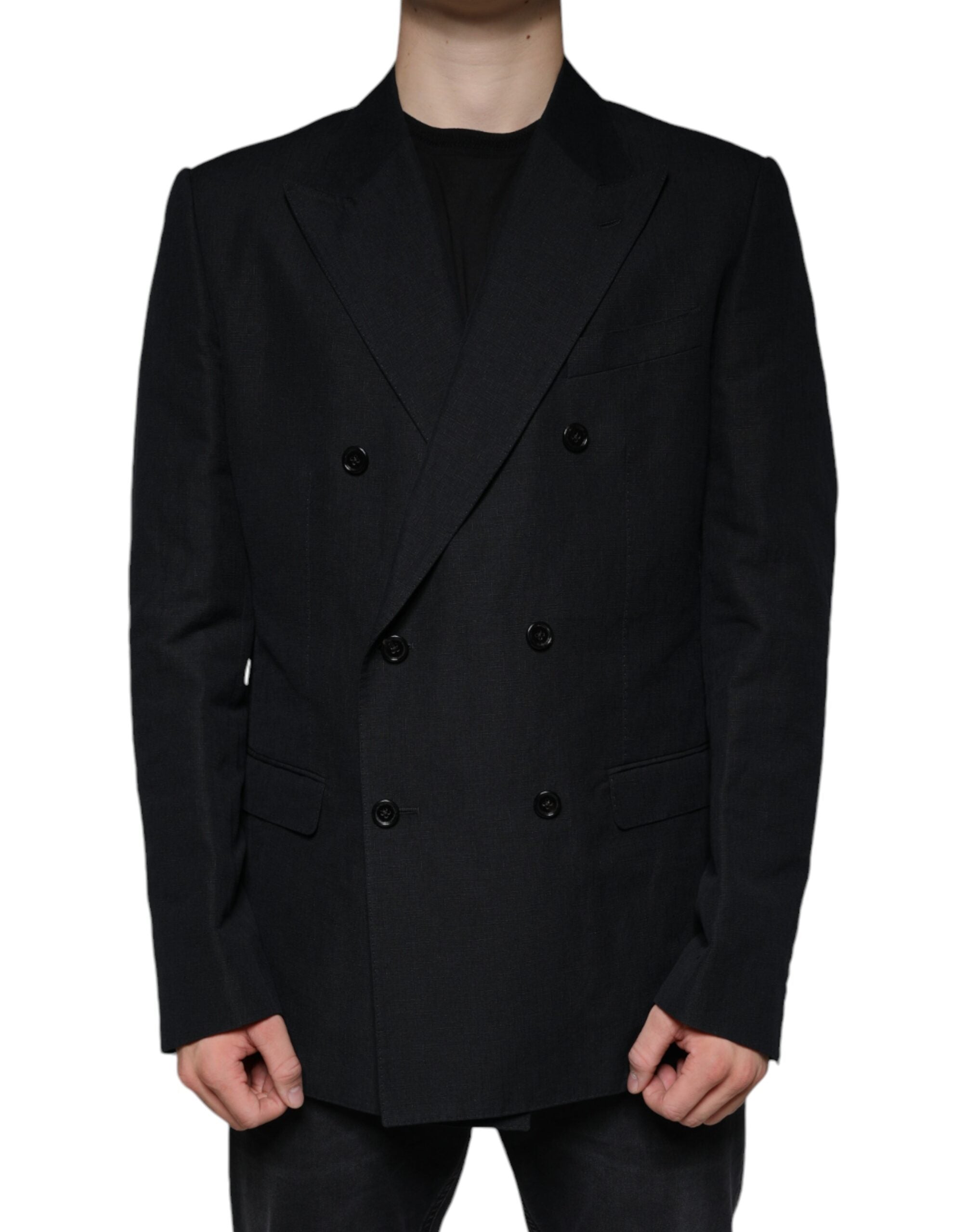 Elevate your wardrobe with the Dolce & Gabbana Black Linen Double Breasted Dress Blazer, a masterpiece of Italian craftsmanship that embodies timeless sophistication and luxurious allure.