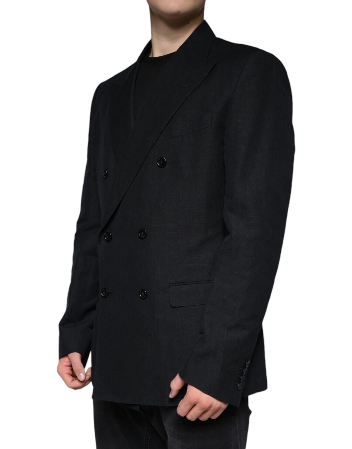 Elevate your wardrobe with the Dolce & Gabbana Black Linen Double Breasted Dress Blazer, a masterpiece of Italian craftsmanship that embodies timeless elegance and sophisticated allure.