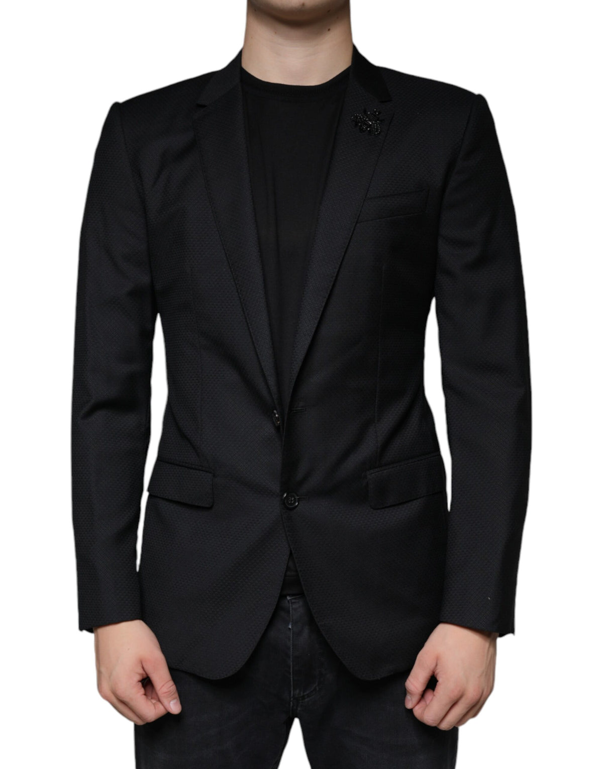 Elevate your wardrobe with the Dolce & Gabbana Black MARTINI Bee Blazer, a masterpiece of artisanal virgin wool that embodies timeless elegance and sophisticated allure.