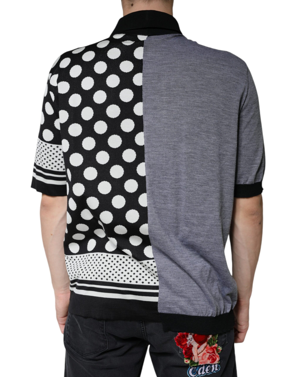 Elevate your wardrobe with the Dolce & Gabbana Black White Polka Dot Collared Polo T-shirt, a luxurious blend of silk, cotton, and virgin wool that embodies timeless elegance and sophisticated allure.