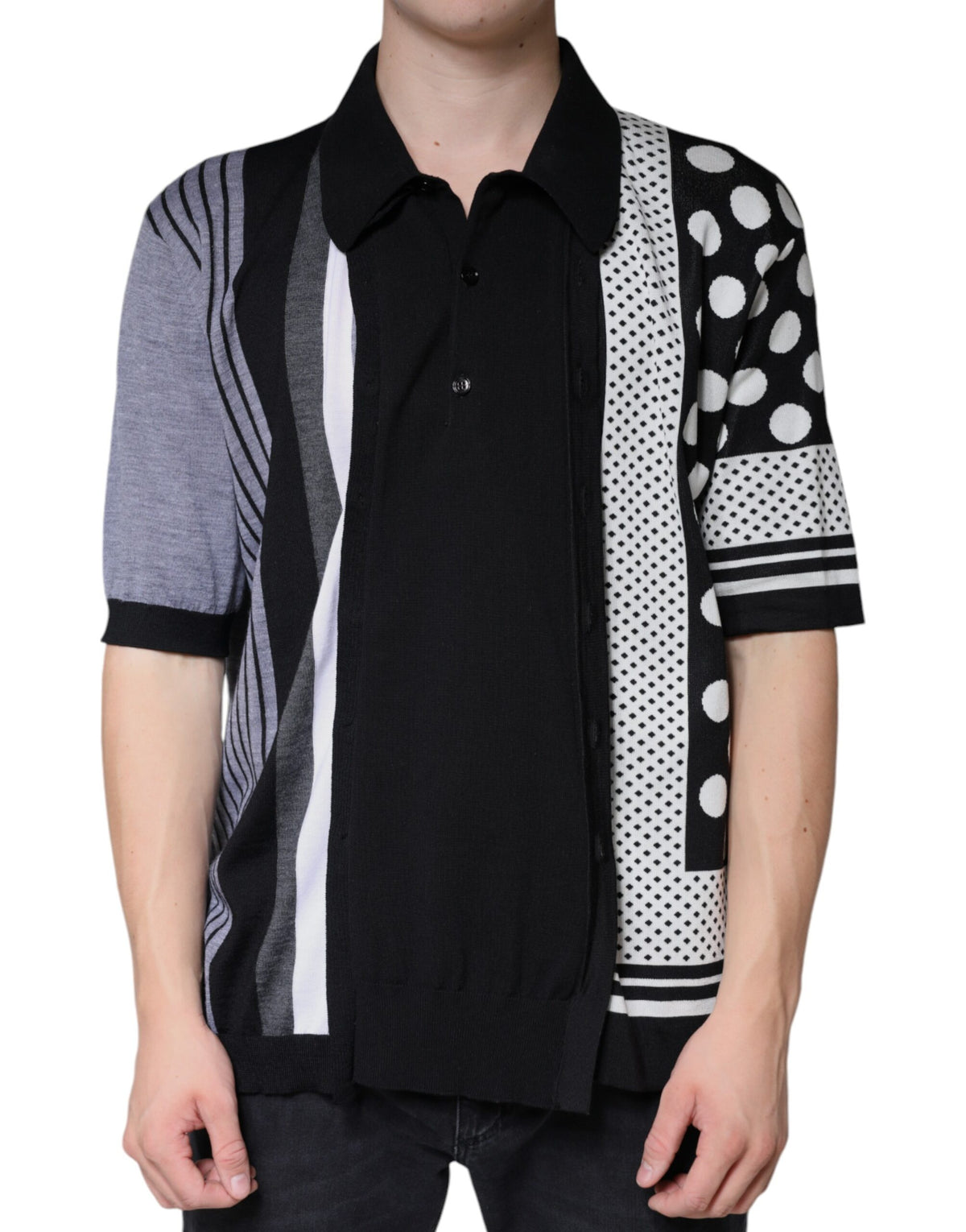 Elevate your wardrobe with the Dolce & Gabbana Black White Polka Dot Collared Polo T-shirt, a luxurious blend of silk, cotton, and virgin wool, embodying timeless elegance and sophisticated allure.