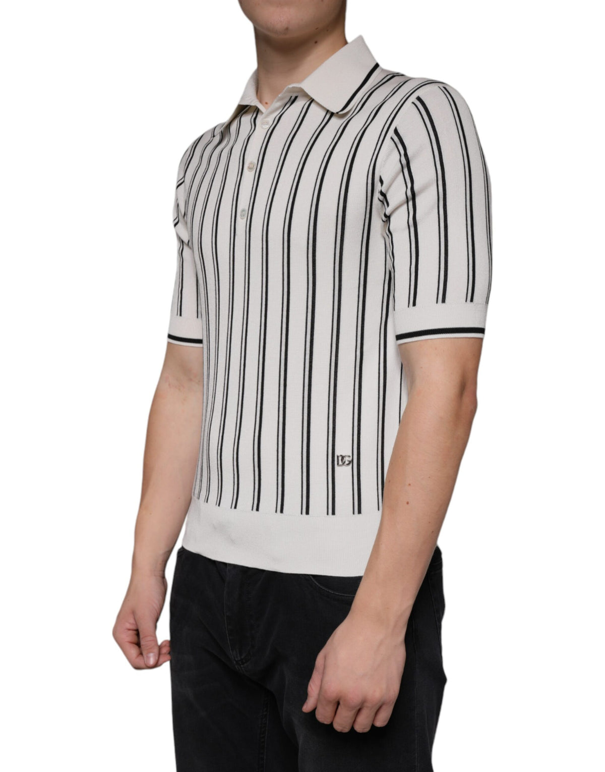 Indulge in the exquisite Dolce & Gabbana White Black Stripe Polo, crafted from luxurious silk. Elevate your style with timeless elegance and sophisticated allure.