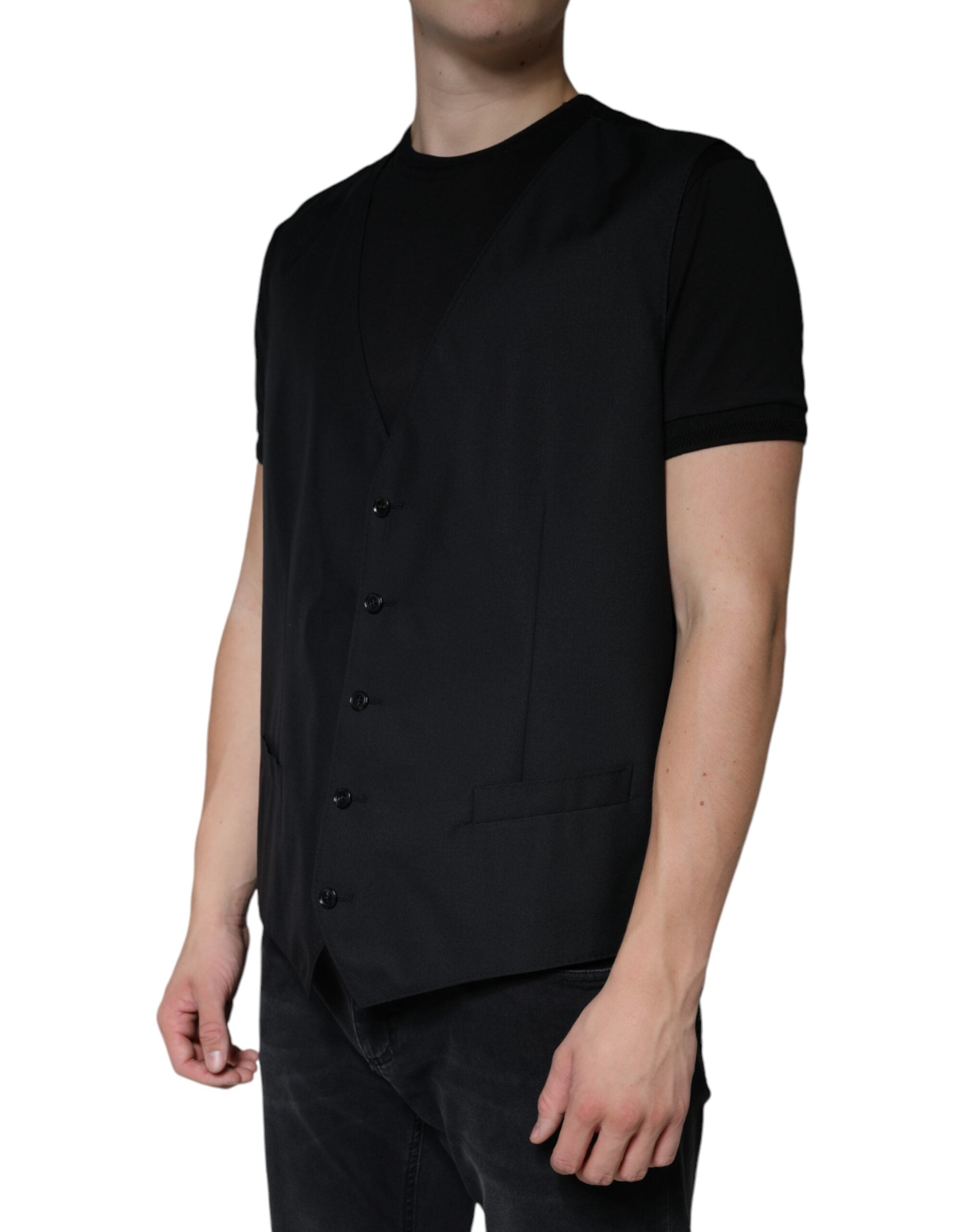 Elevate your wardrobe with the Dolce & Gabbana Black Wool Waistcoat Dress Formal Vest, a masterpiece of virgin wool and silk, embodying timeless elegance and unparalleled craftsmanship.