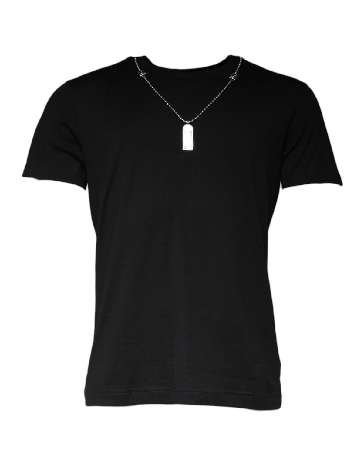 Elevate your wardrobe with the Dolce & Gabbana Black Cotton Necklace Embellished T-shirt, a masterpiece of Italian craftsmanship that seamlessly blends comfort and sophistication.